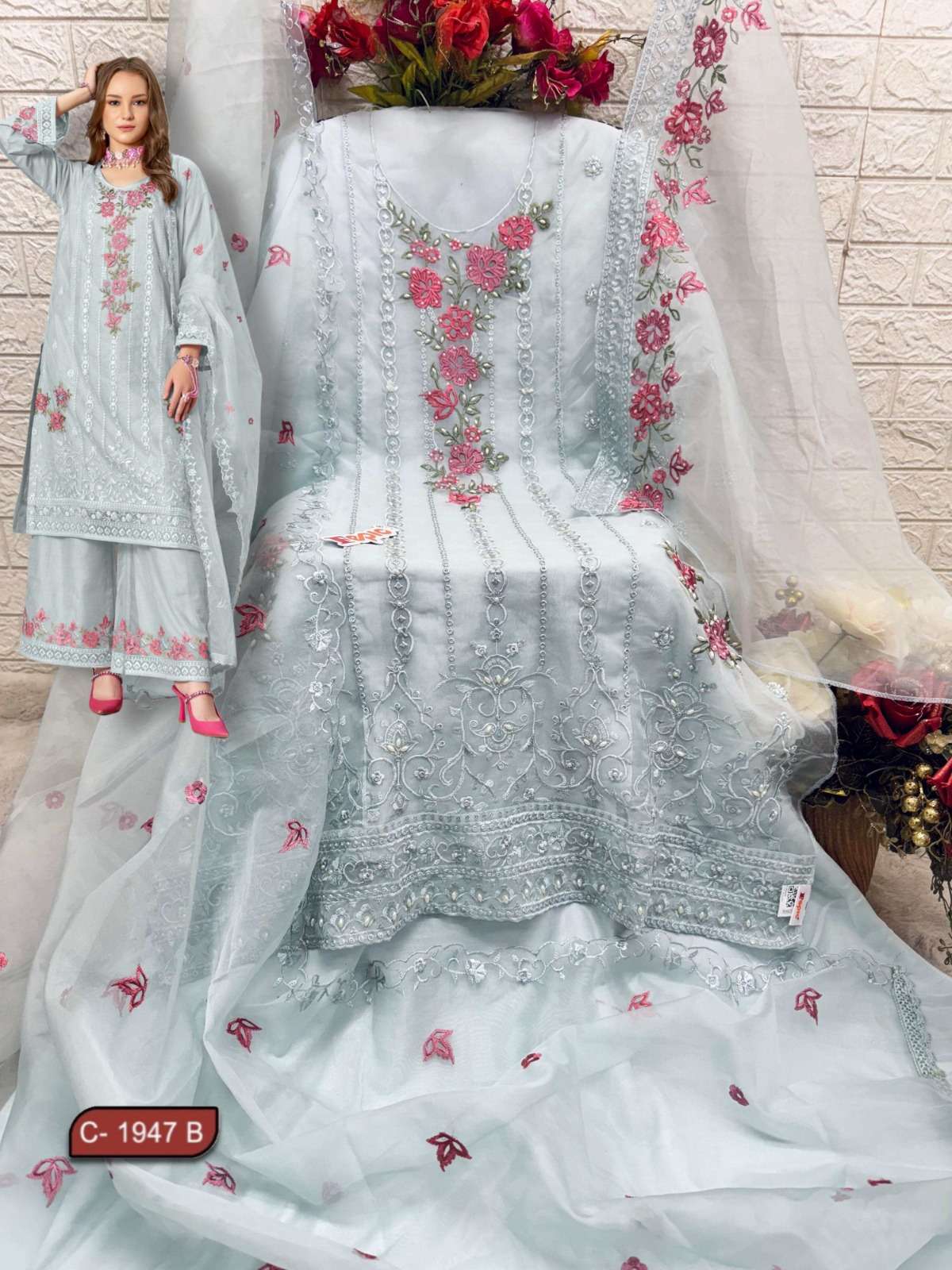 FEPIC ROSEMEEN C 1947 ORGANZA EMBROIDERED DESIGNER SUIT