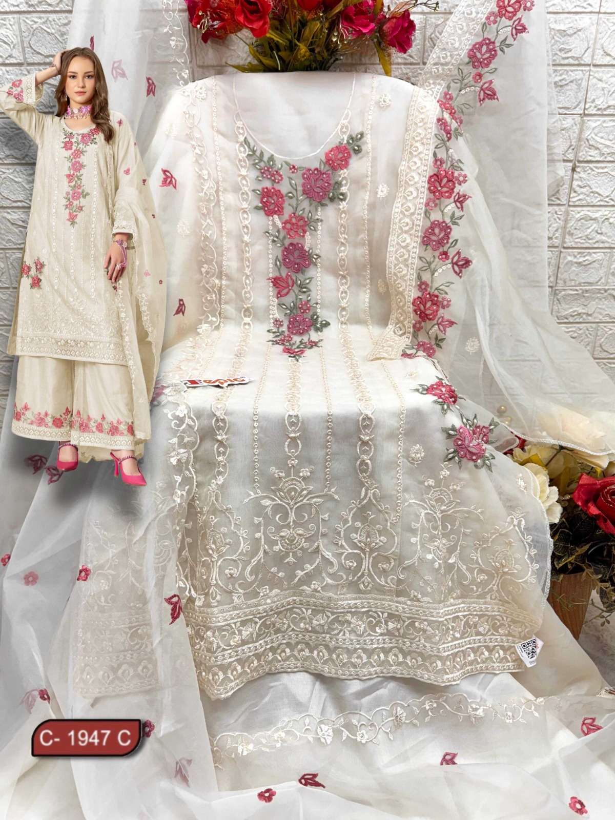 FEPIC ROSEMEEN C 1947 ORGANZA EMBROIDERED DESIGNER SUIT
