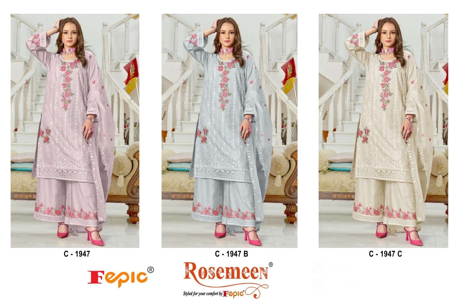 FEPIC ROSEMEEN C 1947 ORGANZA EMBROIDERED DESIGNER SUIT
