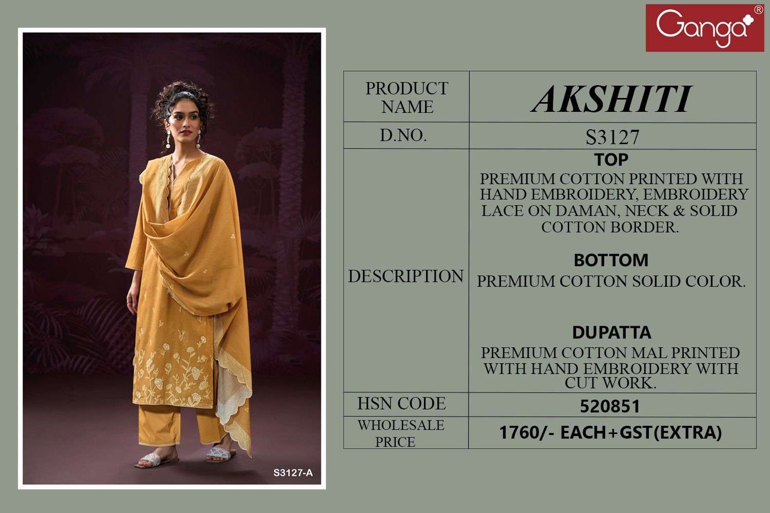 GANGA AKSHITI  3127 COTTON PRINTED WITH FANCY EMBROIDERY WORK SUIT