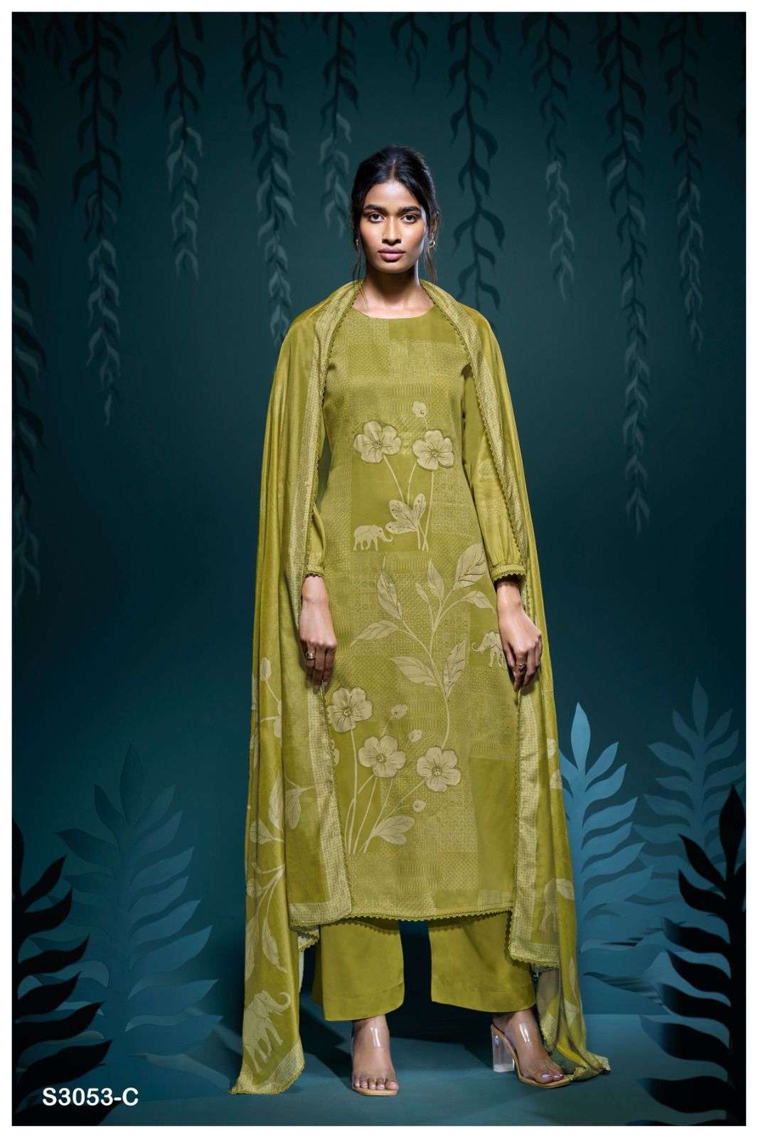 GANGA BHANUJA 3053 COTTON SATIN PRINTED WITH FANCY WORK SUIT