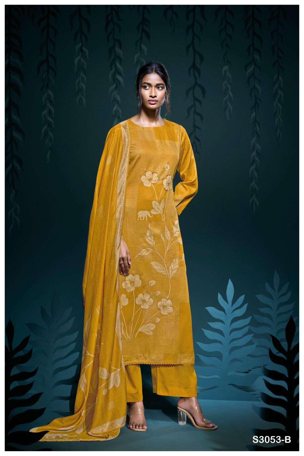 GANGA BHANUJA 3053 COTTON SATIN PRINTED WITH FANCY WORK SUIT