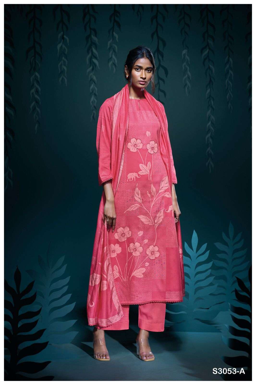 GANGA BHANUJA 3053 COTTON SATIN PRINTED WITH FANCY WORK SUIT