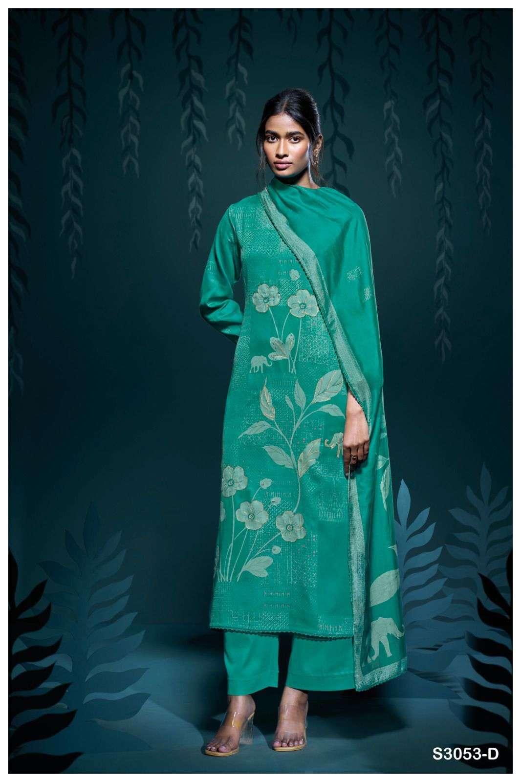 GANGA BHANUJA 3053 COTTON SATIN PRINTED WITH FANCY WORK SUIT