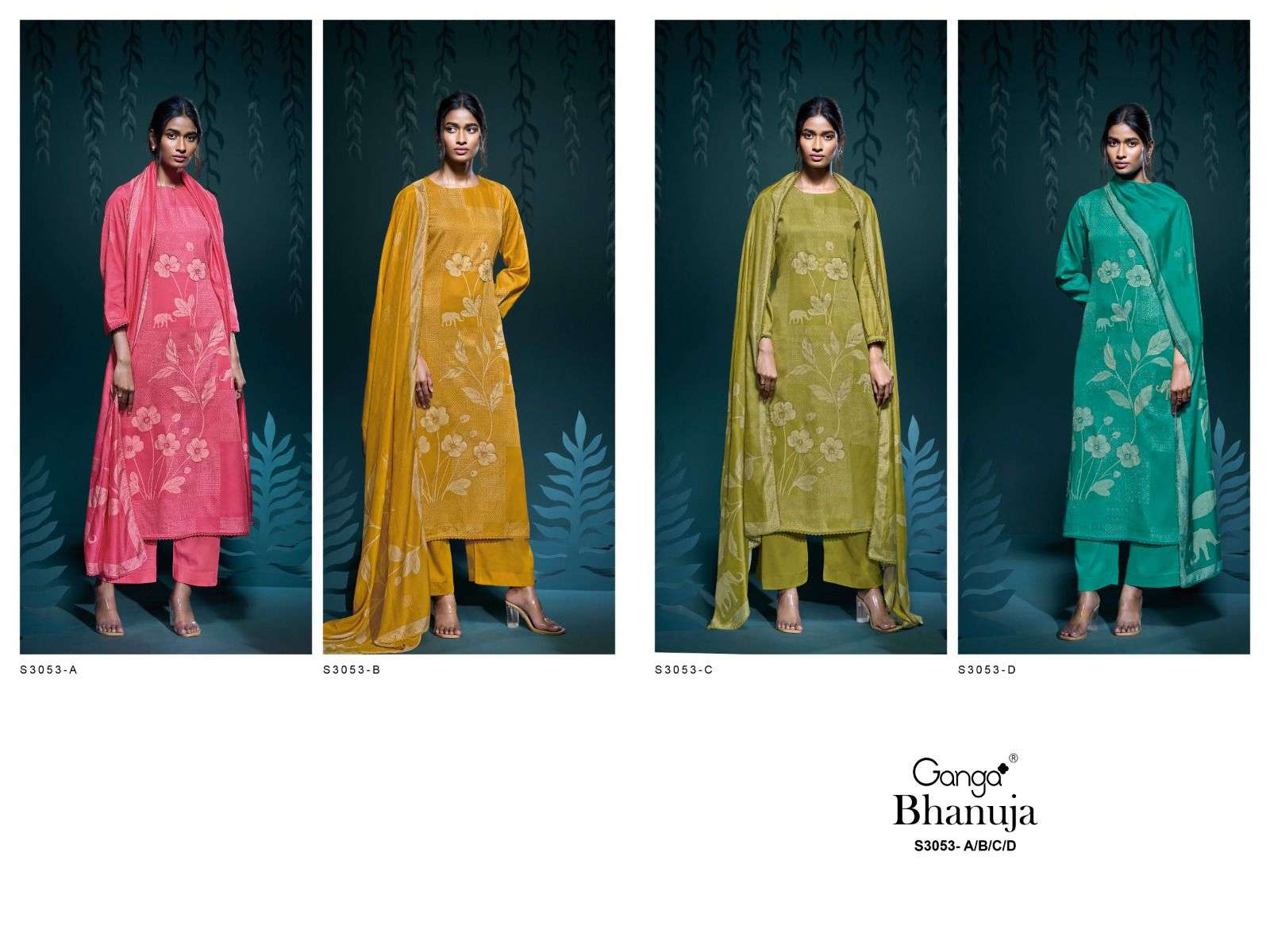 GANGA BHANUJA 3053 COTTON SATIN PRINTED WITH FANCY WORK SUIT