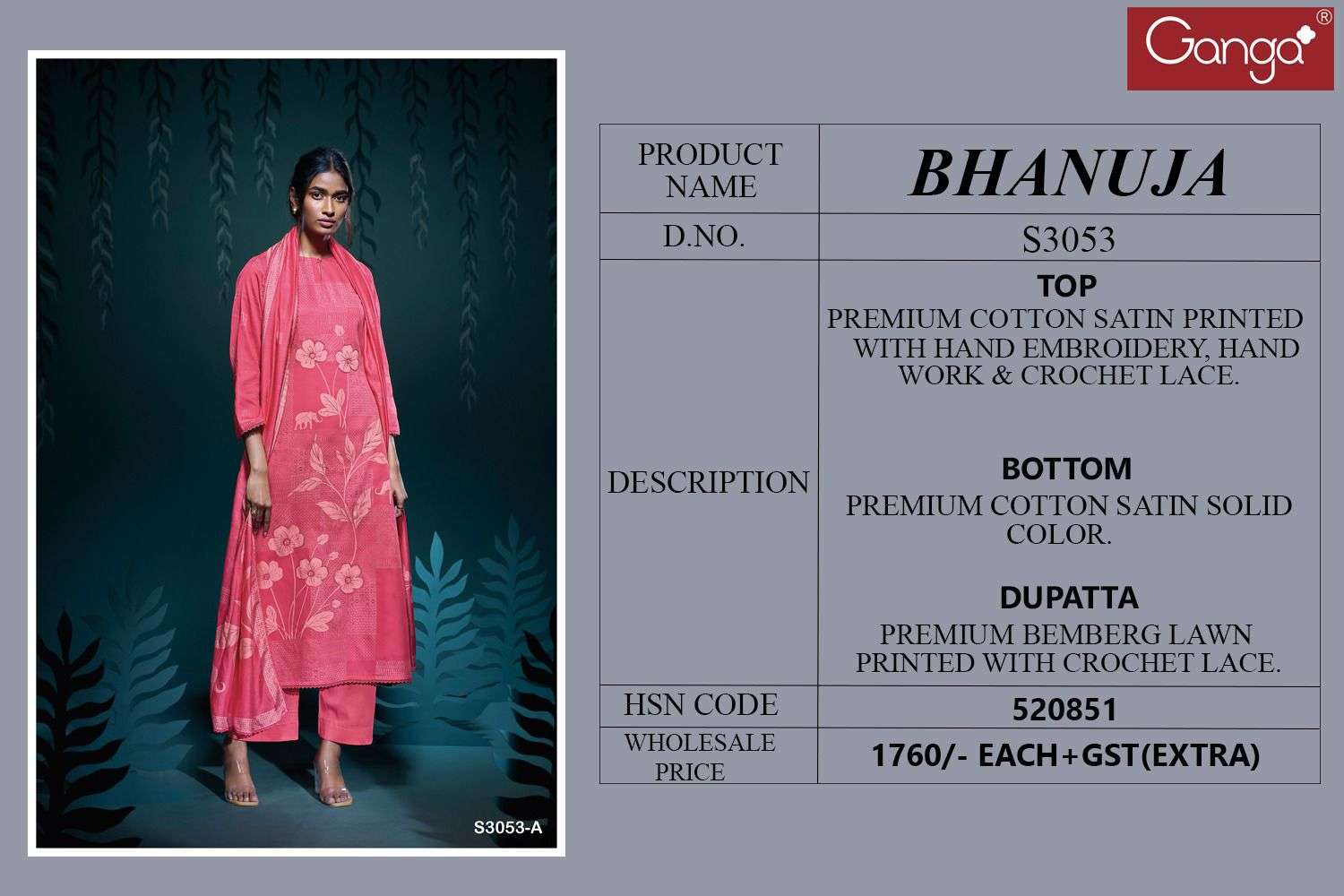 GANGA BHANUJA 3053 COTTON SATIN PRINTED WITH FANCY WORK SUIT