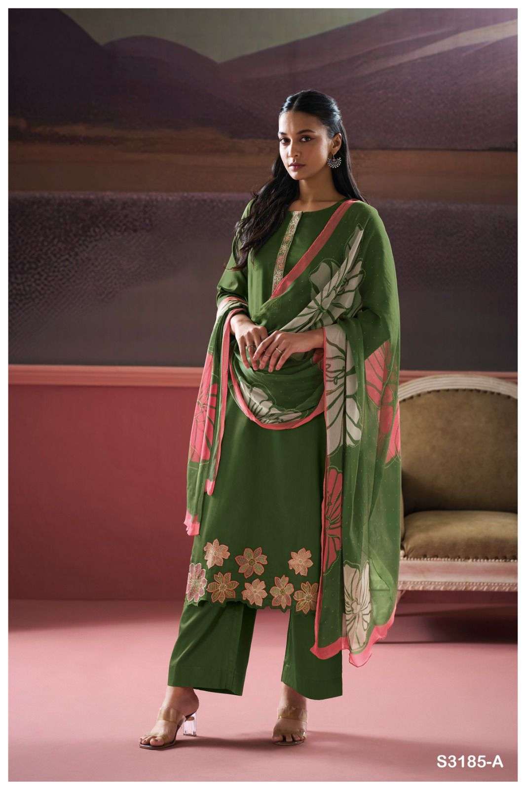 GANGA CHELSIE 3185 SATIN COTTON FANCY WORK SUIT