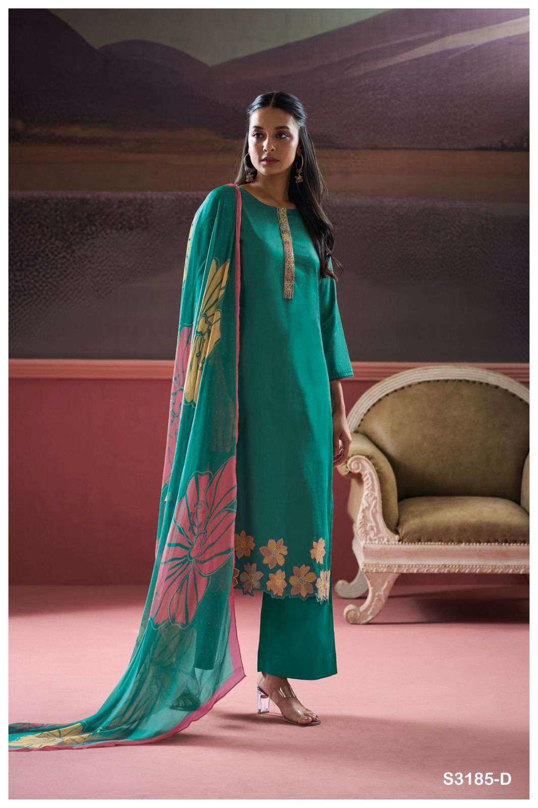 GANGA CHELSIE 3185 SATIN COTTON FANCY WORK SUIT