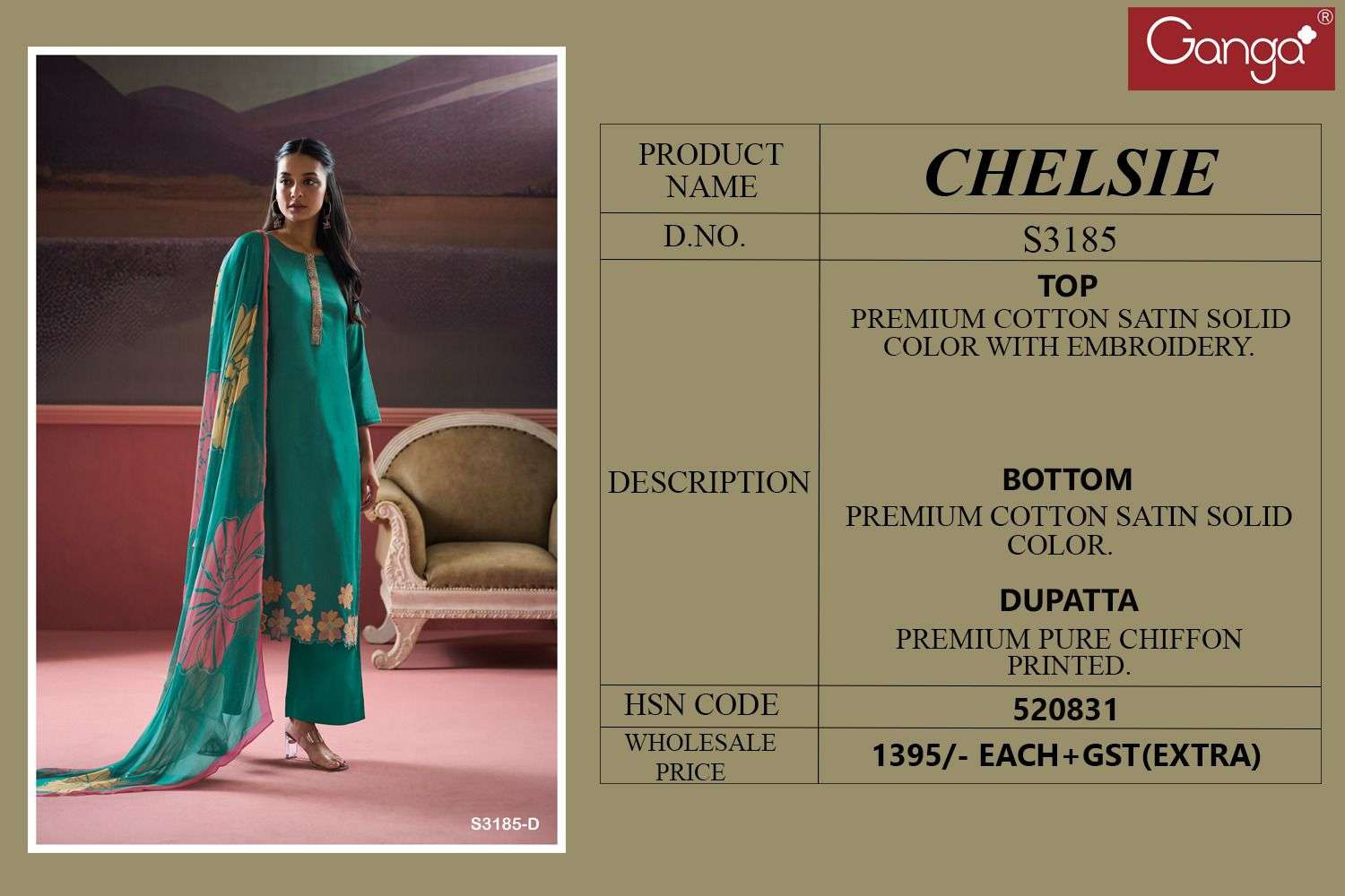 GANGA CHELSIE 3185 SATIN COTTON FANCY WORK SUIT