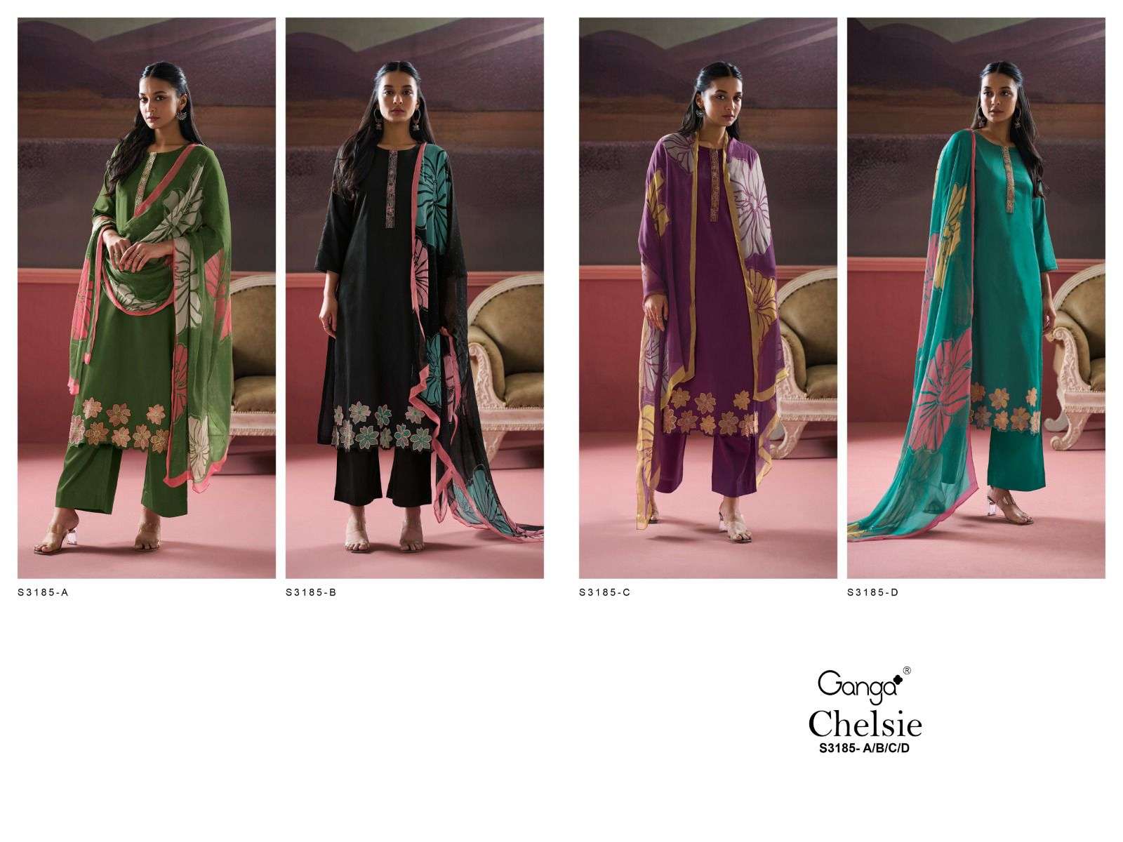 GANGA CHELSIE 3185 SATIN COTTON FANCY WORK SUIT