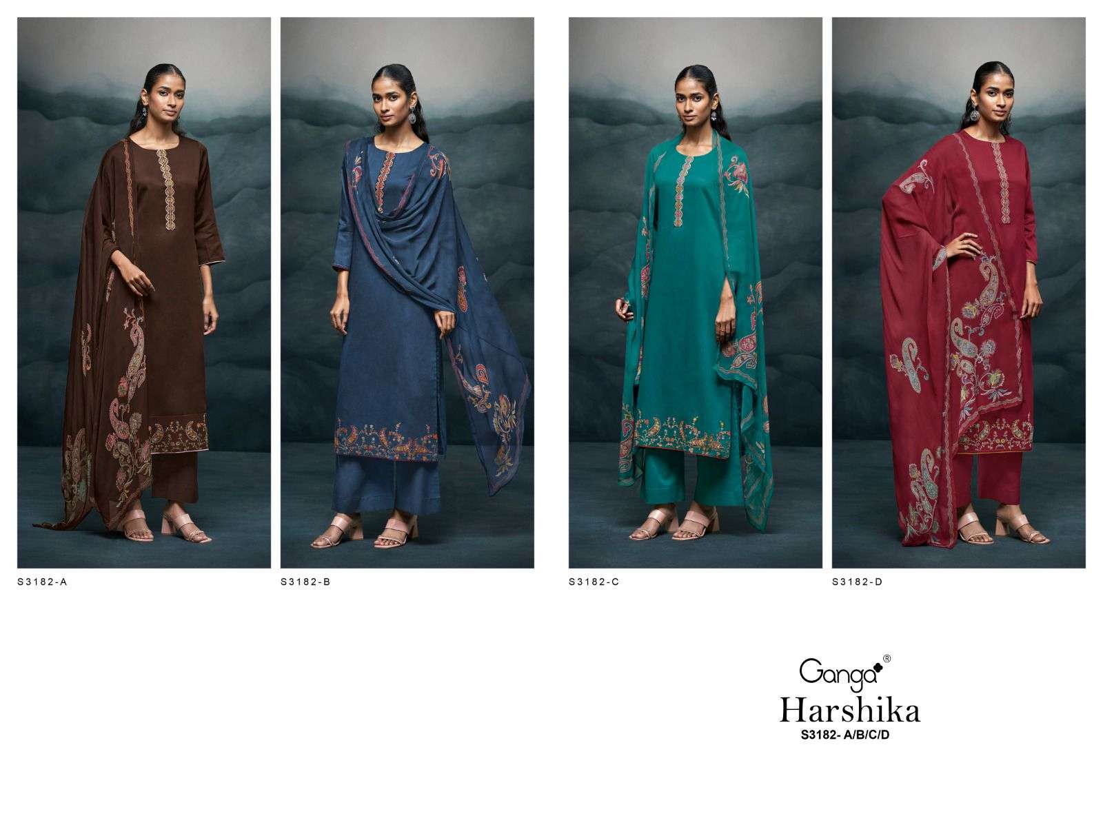 GANGA HARSHIKA 3182 SILK SATIN DESIGNER WORK LADIES SUIT