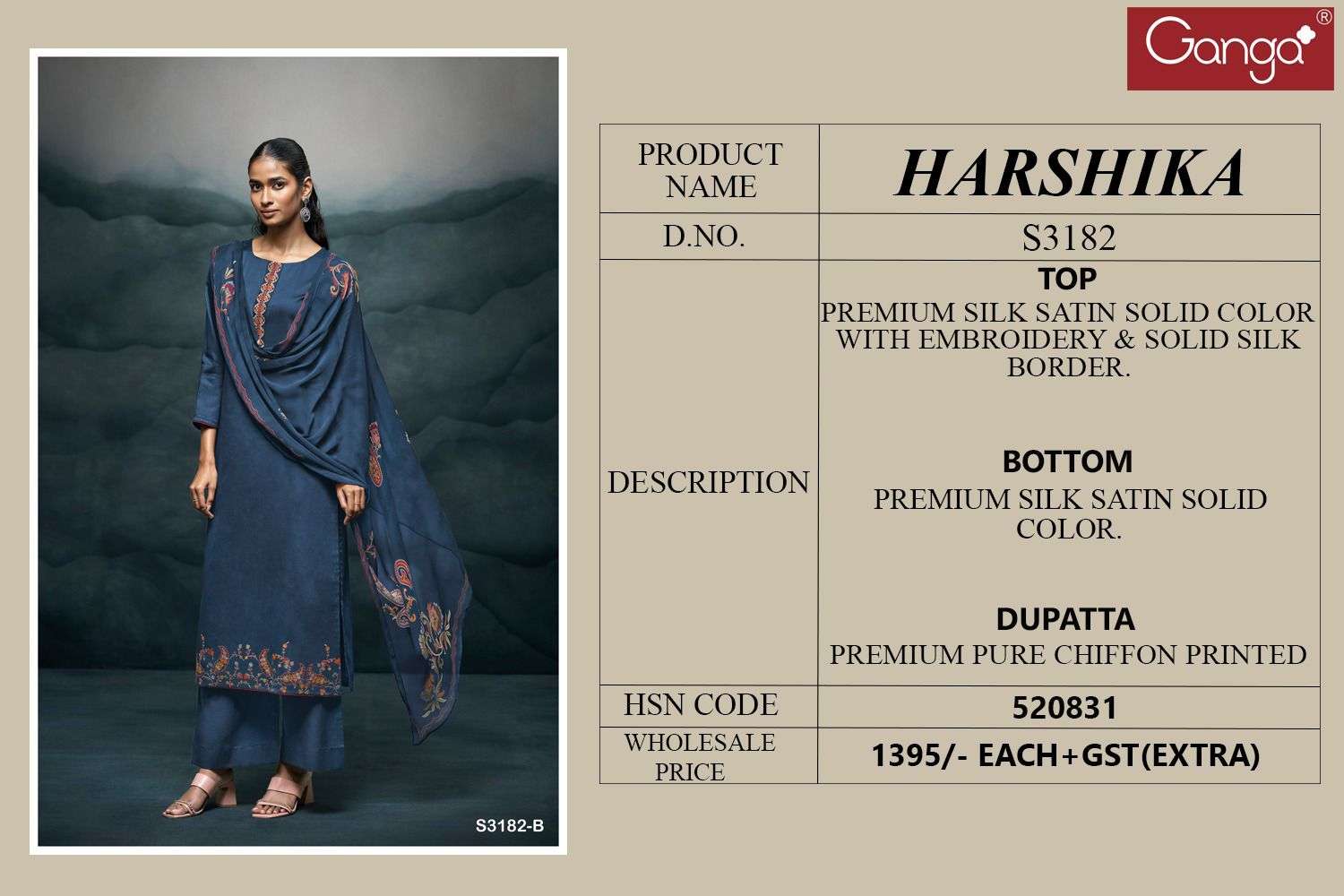 GANGA HARSHIKA 3182 SILK SATIN DESIGNER WORK LADIES SUIT