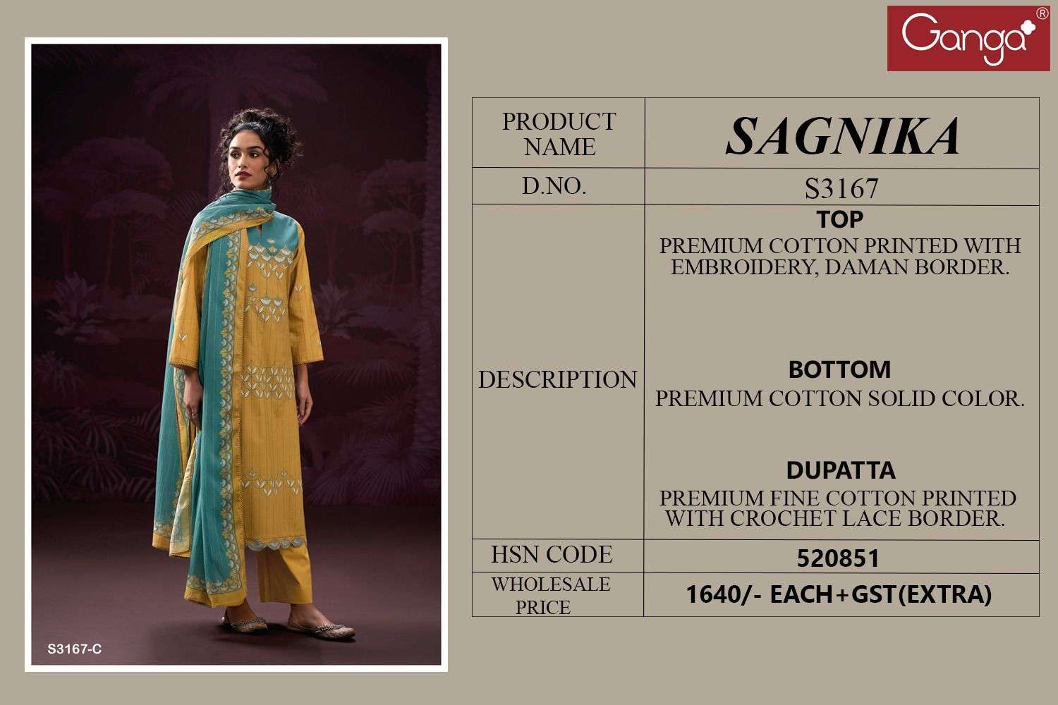 GANGA SAGNIKA 3167 COTTON PRINTED WITH EMBROIDERY WORK SUIT