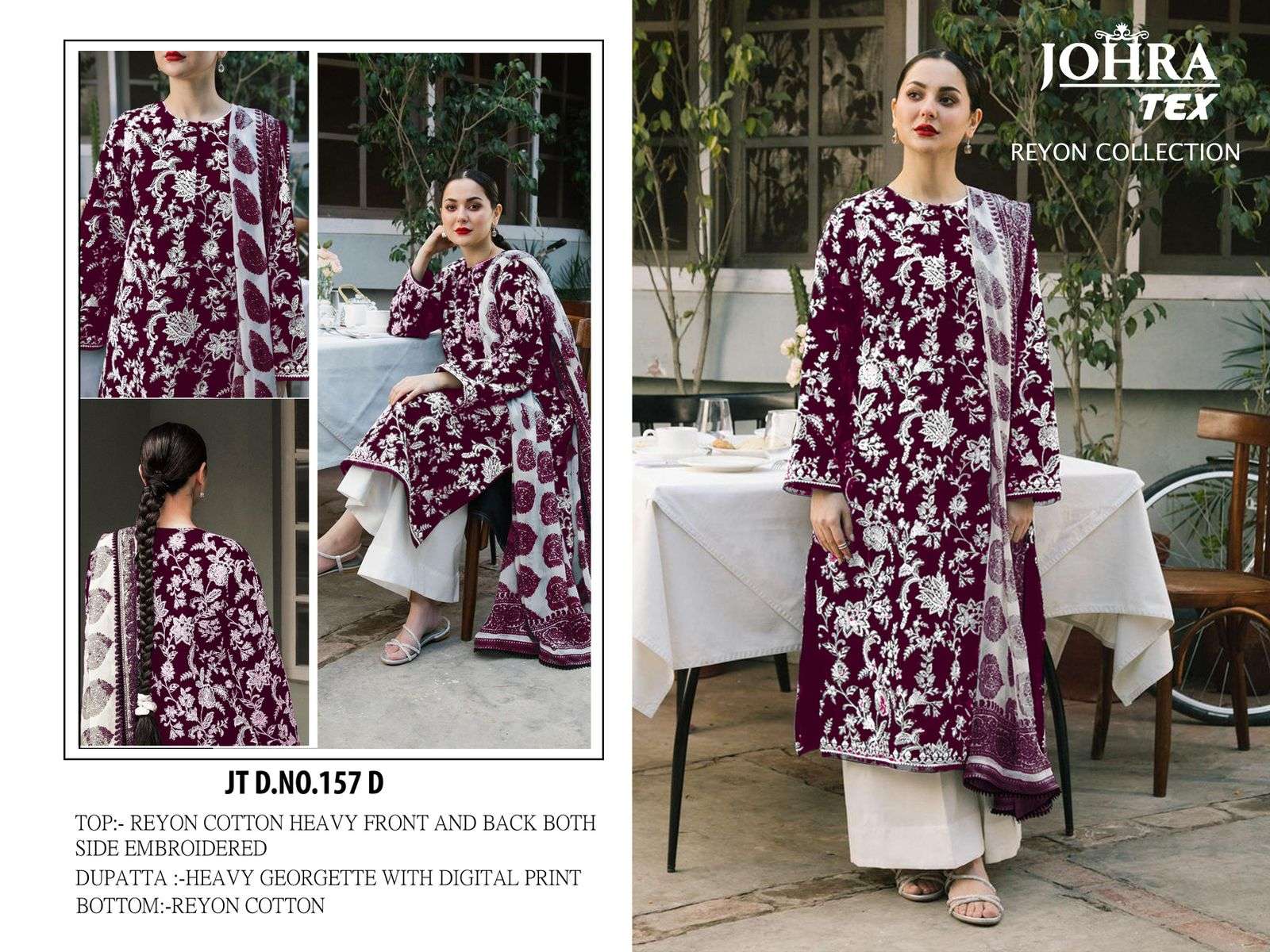 JOHRA TEX DESIGN NO - JT - 157 RAYON COTTON EMBROIDERED SALWAR SUIT