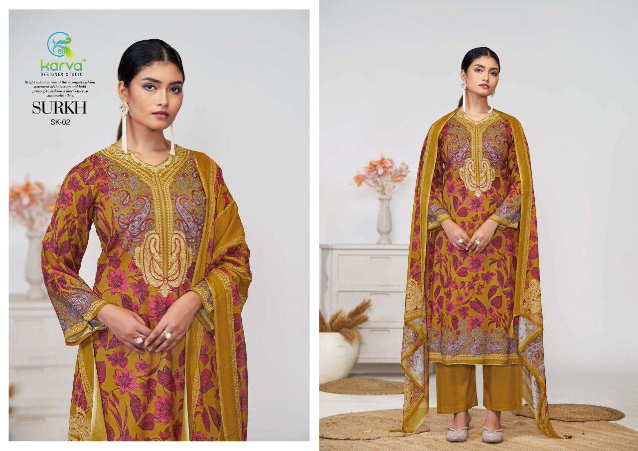 KARVA DESINER STUDIO SURKH VISCOSE DIGITALPRINT WITH FANCY WORK SUIT