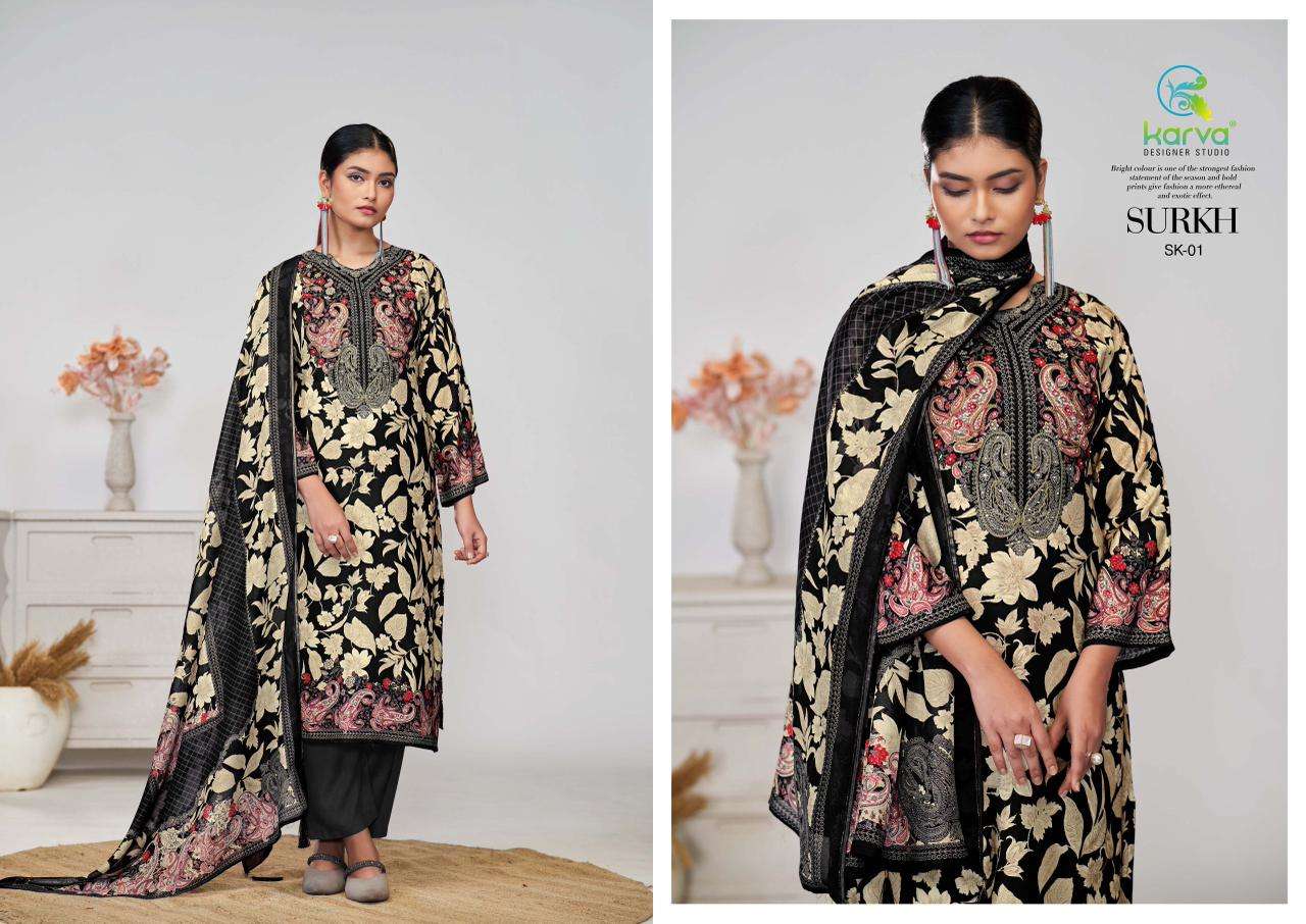 KARVA DESINER STUDIO SURKH VISCOSE DIGITALPRINT WITH FANCY WORK SUIT
