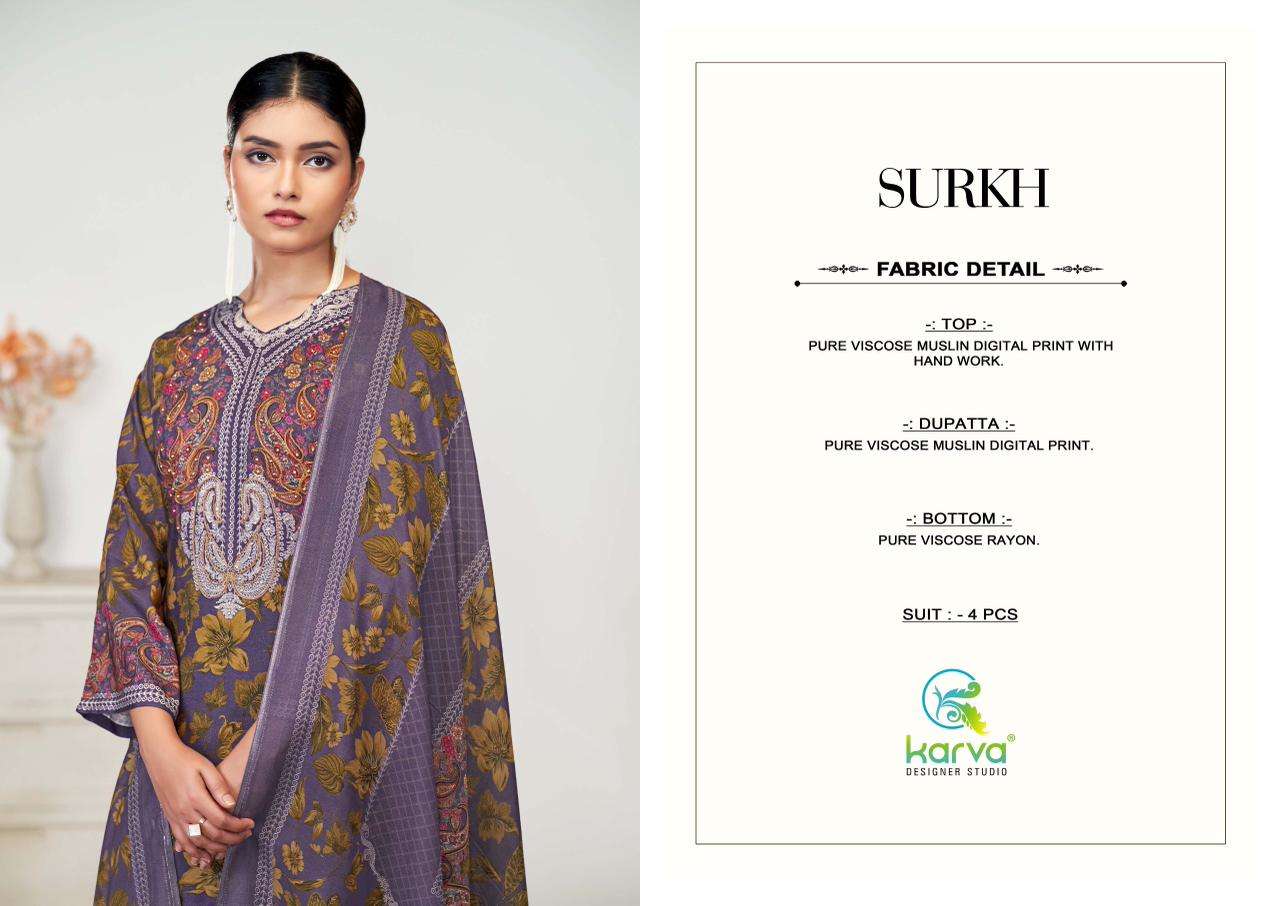KARVA DESINER STUDIO SURKH VISCOSE DIGITALPRINT WITH FANCY WORK SUIT