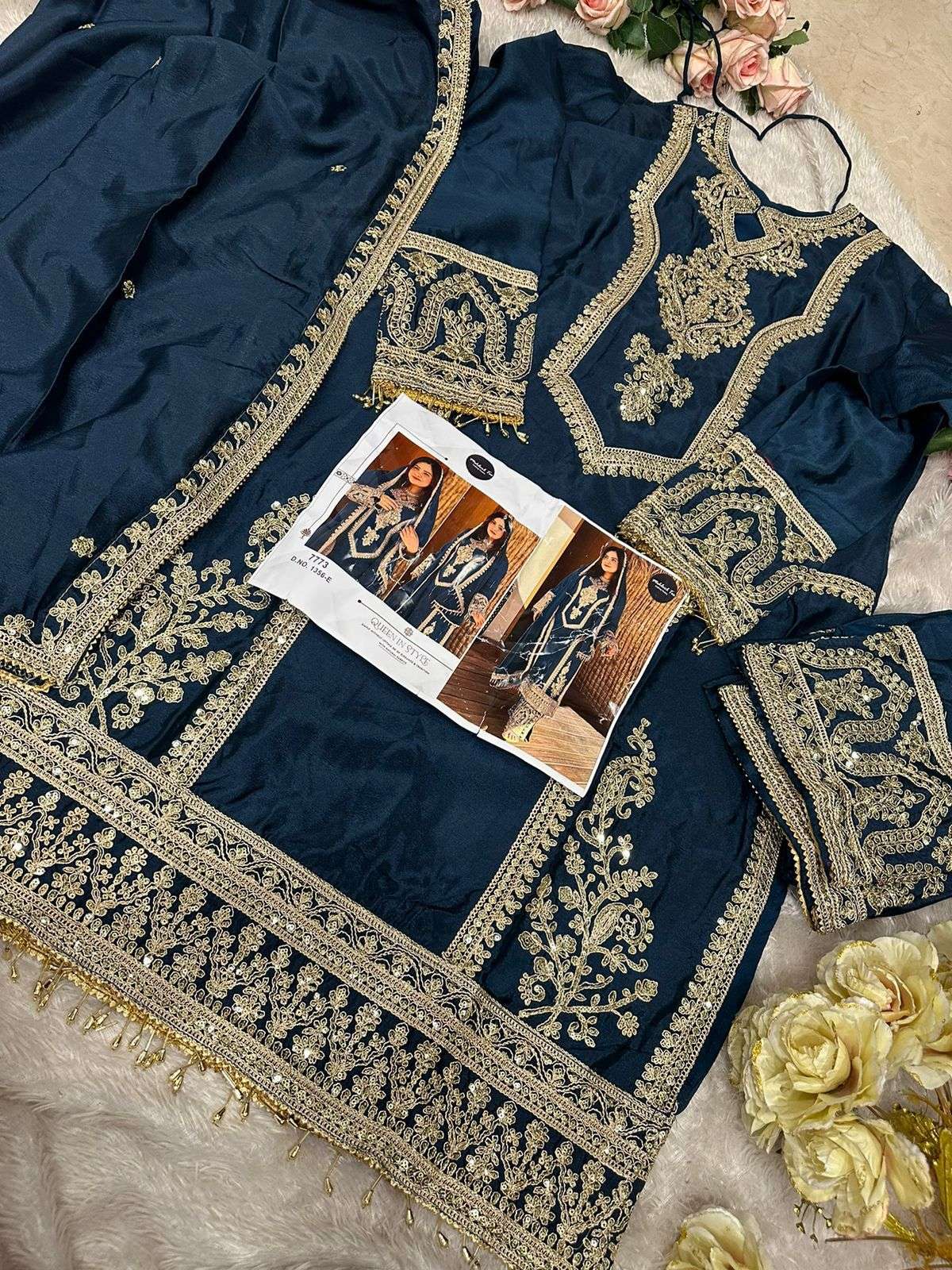MEHBOOB TEX DESIGN NO - 1356 ABCDEG HEAVY CHINON SILK EMBROIDERED WORK FANCY PARTY WEAR SUIT