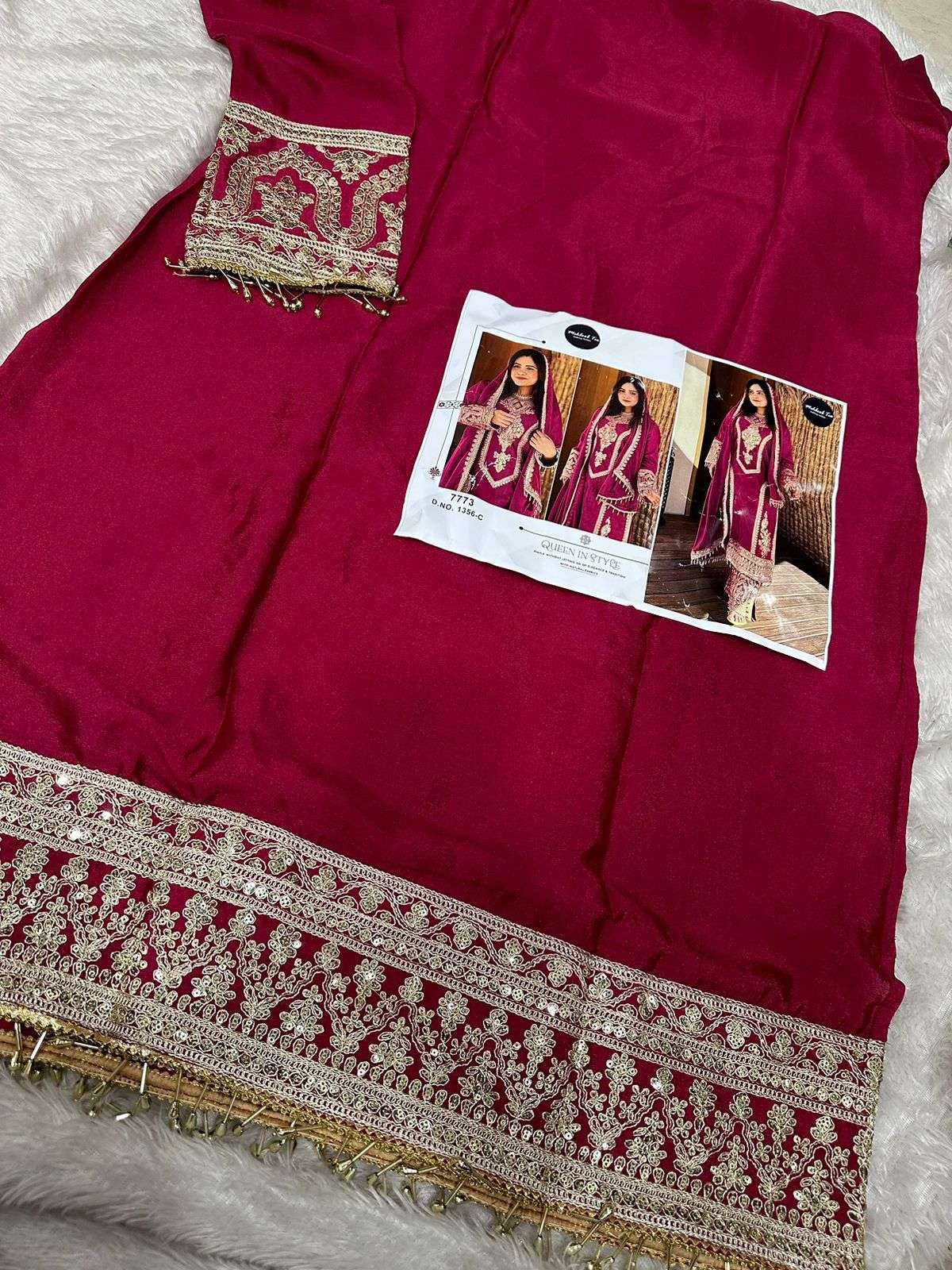 MEHBOOB TEX DESIGN NO - 1356 ABCDEG HEAVY CHINON SILK EMBROIDERED WORK FANCY PARTY WEAR SUIT