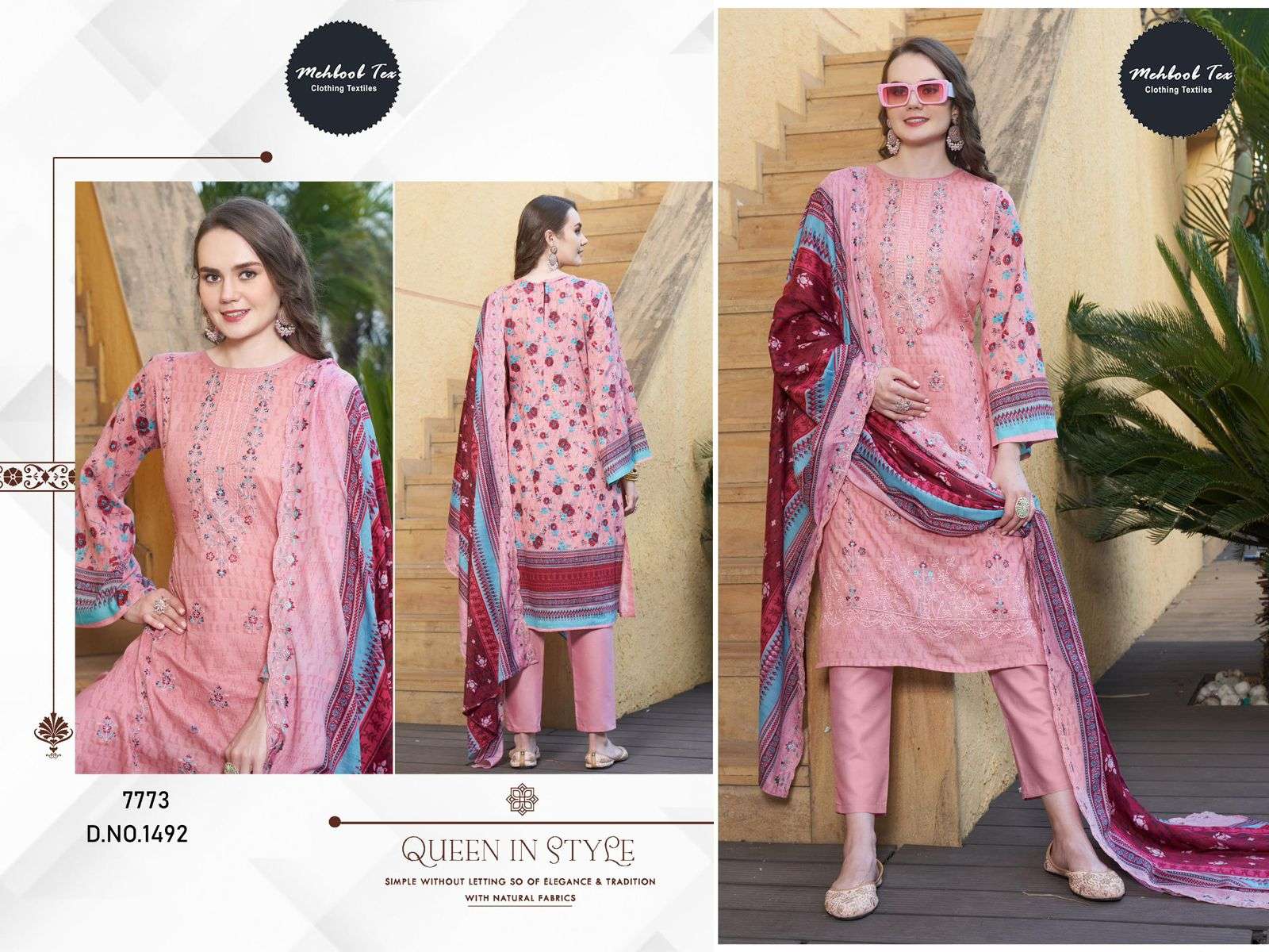 MEHBOOB TEX DESIGN NO - 1493-1488-1492-1490 PURE COTTON PRINT EMBROIDERED SELF WORK PAKISTANI SALWAR SUIT