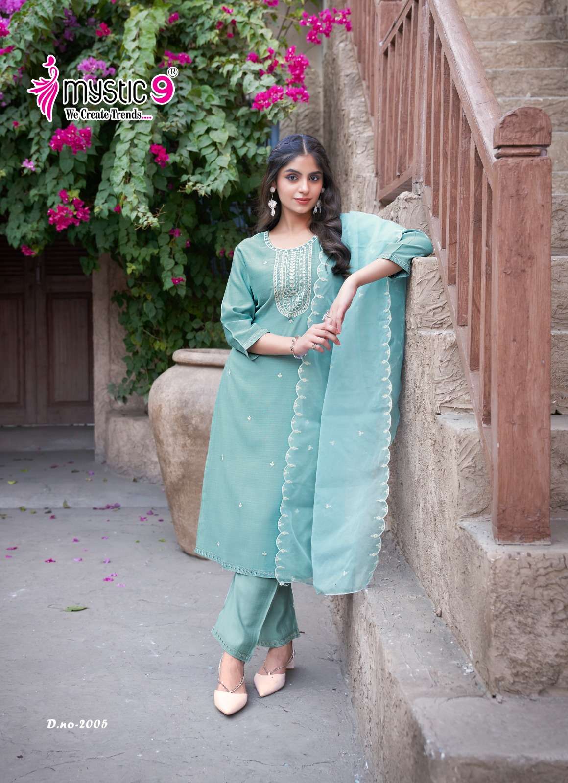 MYSTIC 9 FLORA VOL 2 VISCOSE FANCY WORK LADIES KURTI COMBO SET 