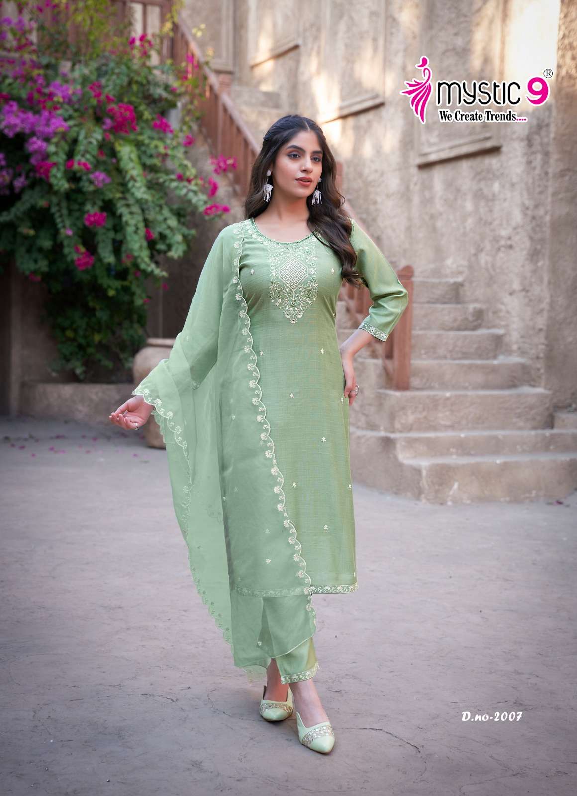 MYSTIC 9 FLORA VOL 2 VISCOSE FANCY WORK LADIES KURTI COMBO SET 