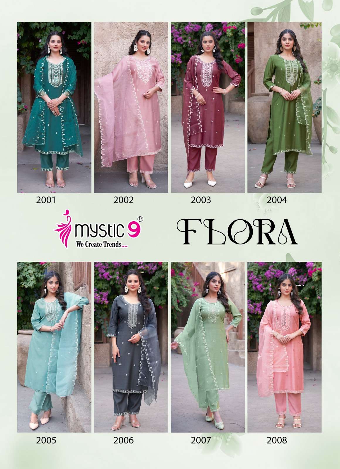 MYSTIC 9 FLORA VOL 2 VISCOSE FANCY WORK LADIES KURTI COMBO SET 