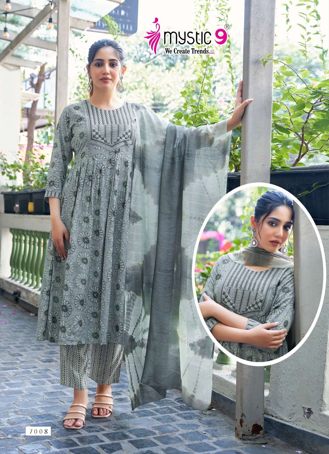 MYSTIC 9 SHANAYA VOL 7 RAYON FOIL PRINT NAIRA CUT PATTERN KURTI COMBO SET 
