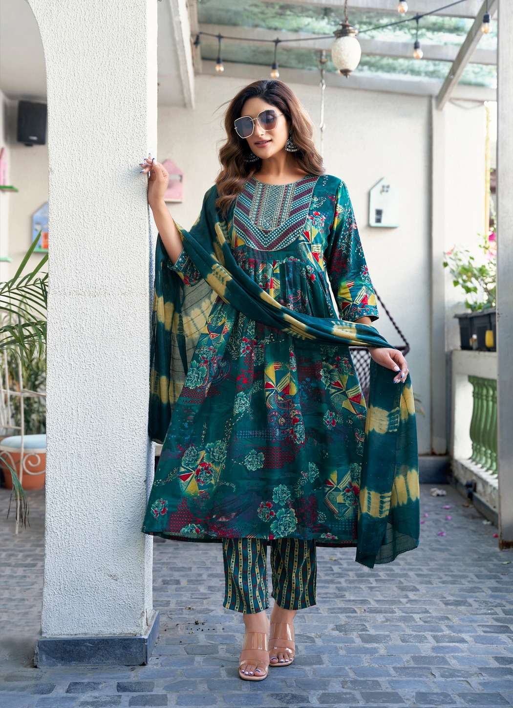 MYSTIC 9 SHANAYA VOL 7 RAYON FOIL PRINT NAIRA CUT PATTERN KURTI COMBO SET 