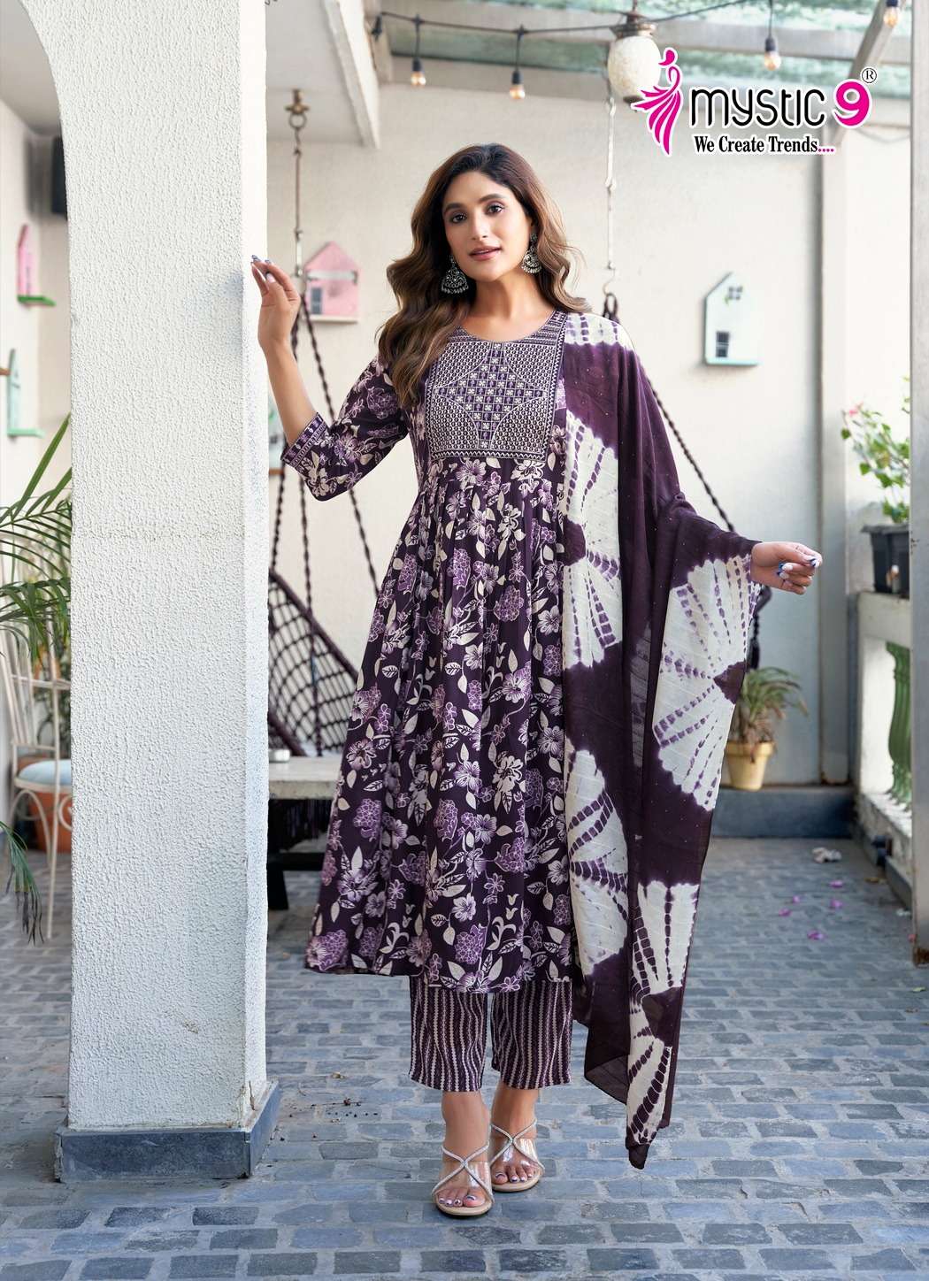 MYSTIC 9 SHANAYA VOL 7 RAYON FOIL PRINT NAIRA CUT PATTERN KURTI COMBO SET 