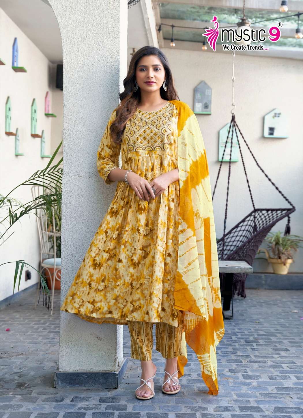 MYSTIC 9 SHANAYA VOL 7 RAYON FOIL PRINT NAIRA CUT PATTERN KURTI COMBO SET 