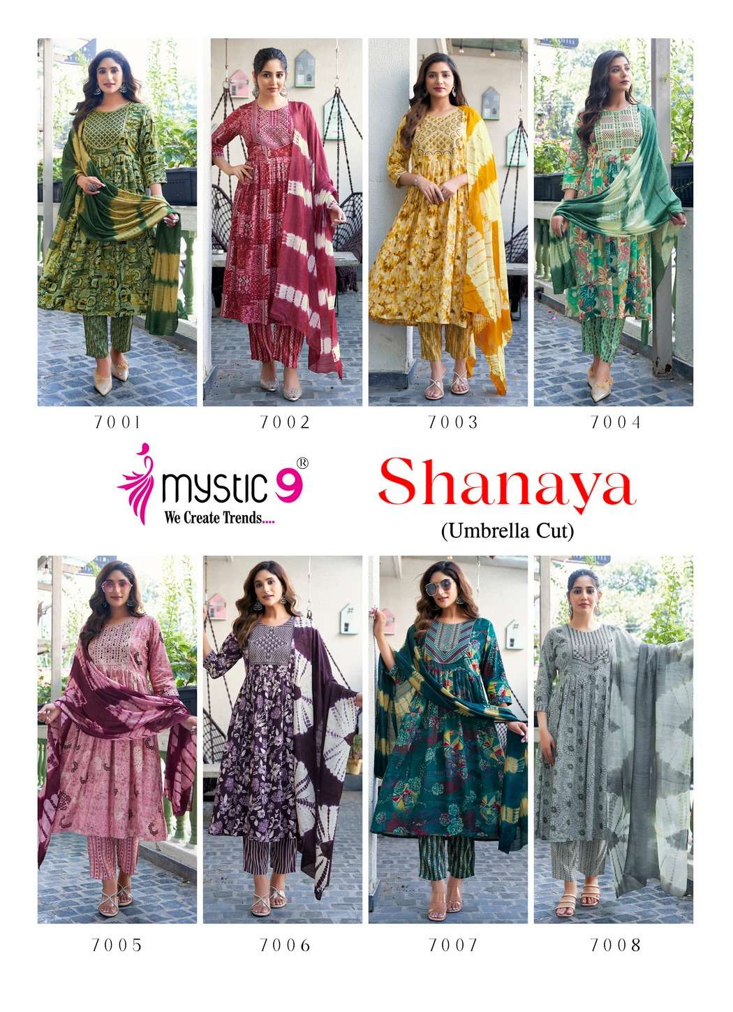 MYSTIC 9 SHANAYA VOL 7 RAYON FOIL PRINT NAIRA CUT PATTERN KURTI COMBO SET 
