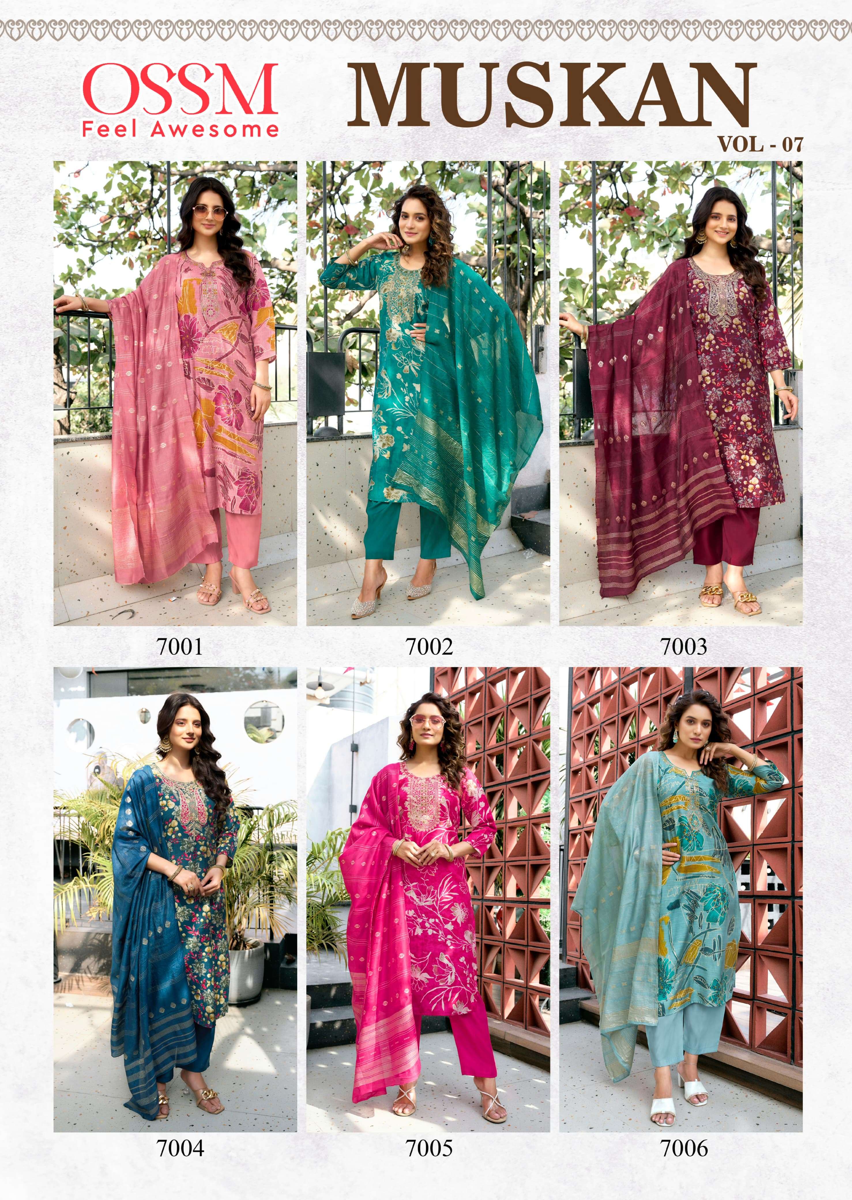 OSSM MUSKAN VOL 7 SILK FANCY WORKS LADIES KURTI COMBO SET 
