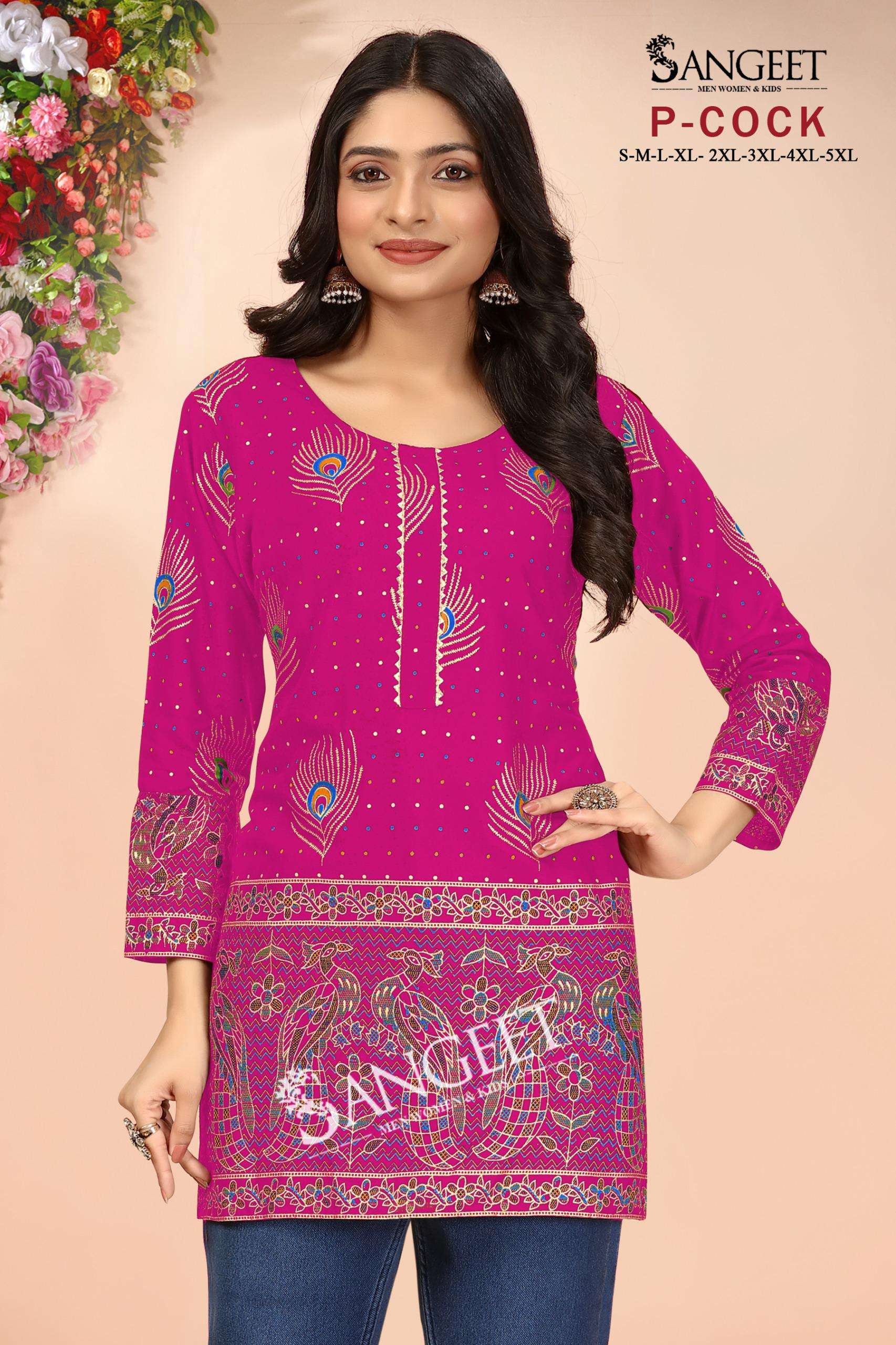 SANGEET P COCK RAYON FOIL PRINT FANCY SHORT KURTI