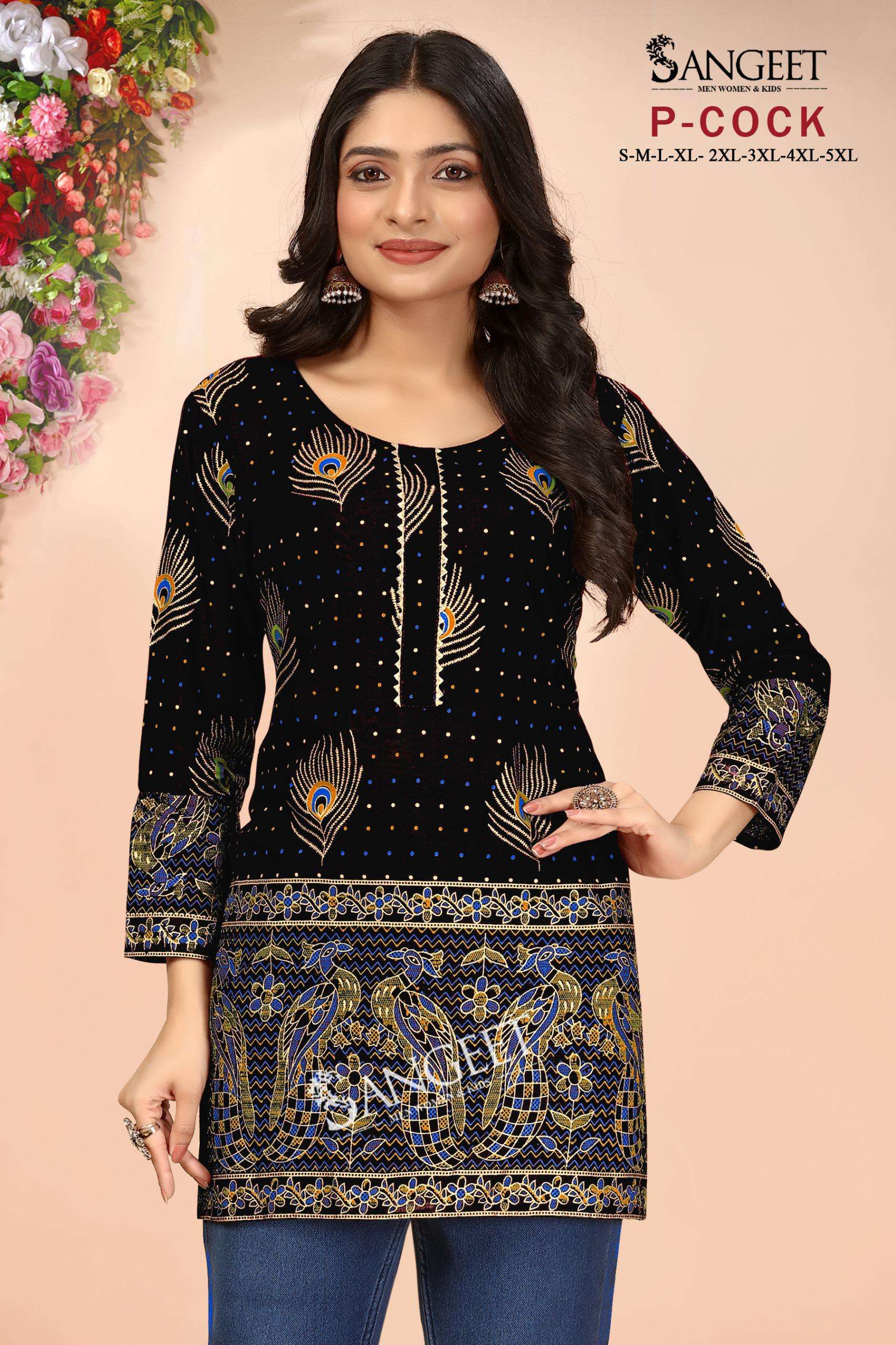 SANGEET P COCK RAYON FOIL PRINT FANCY SHORT KURTI