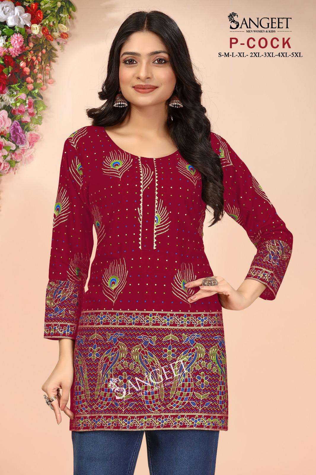SANGEET P COCK RAYON FOIL PRINT FANCY SHORT KURTI