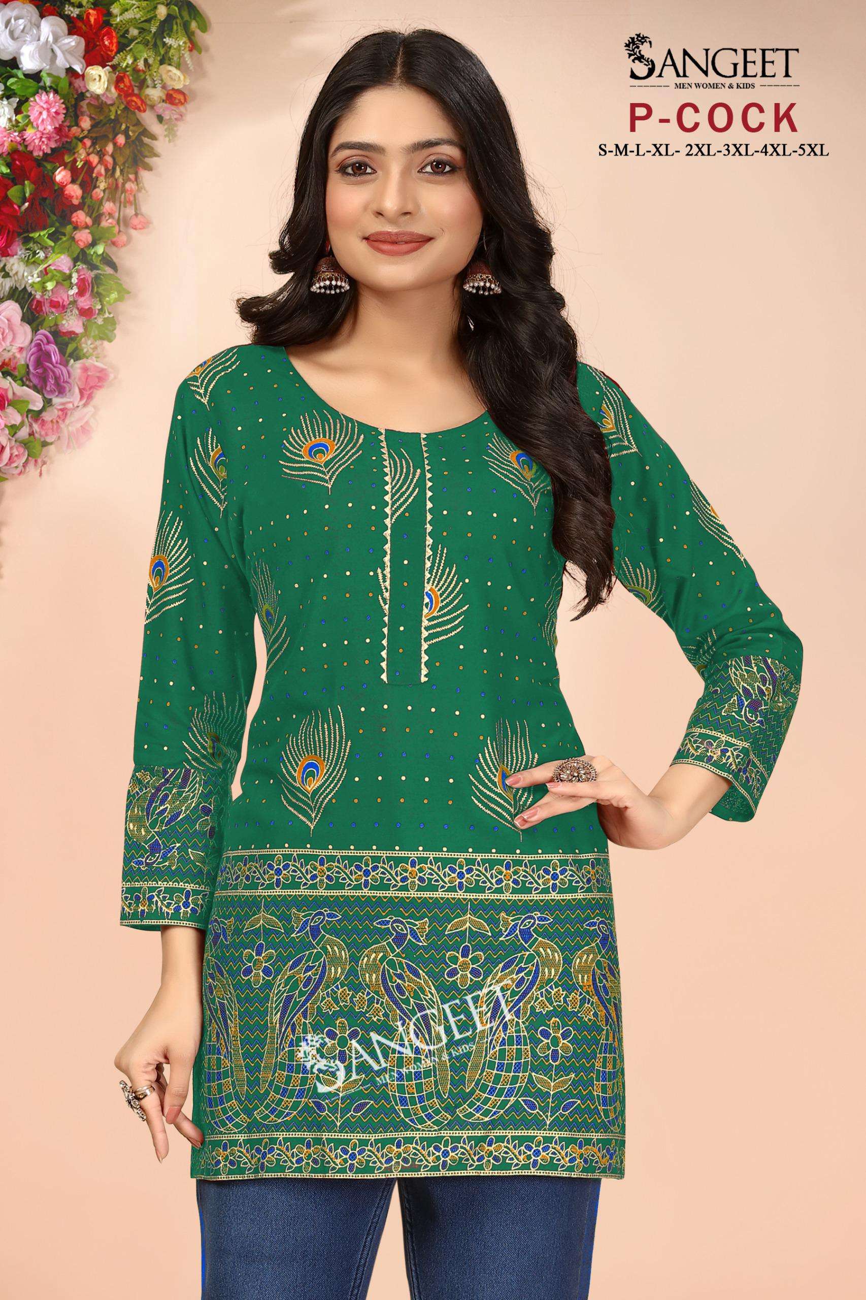 SANGEET P COCK RAYON FOIL PRINT FANCY SHORT KURTI