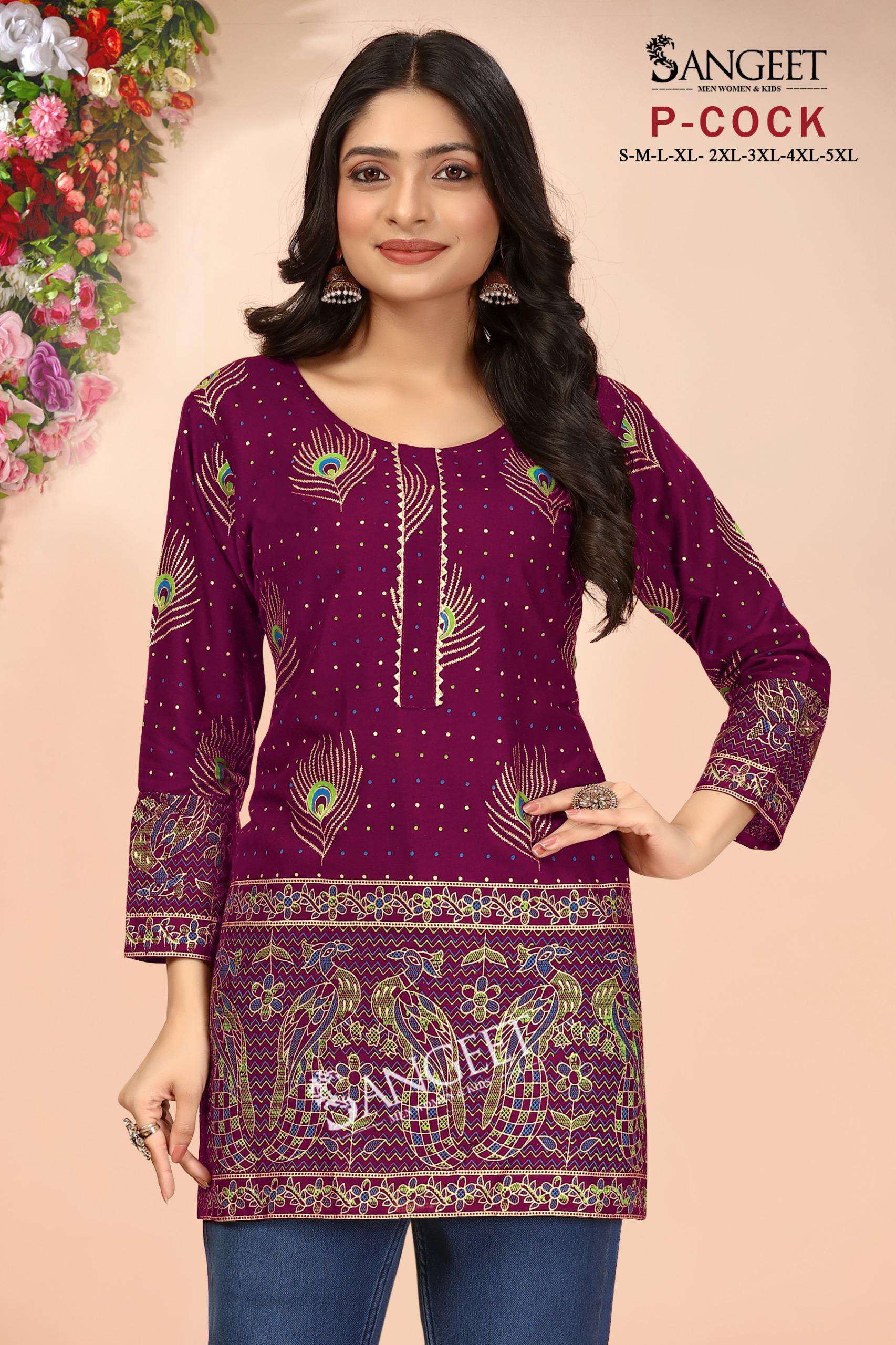 SANGEET P COCK RAYON FOIL PRINT FANCY SHORT KURTI