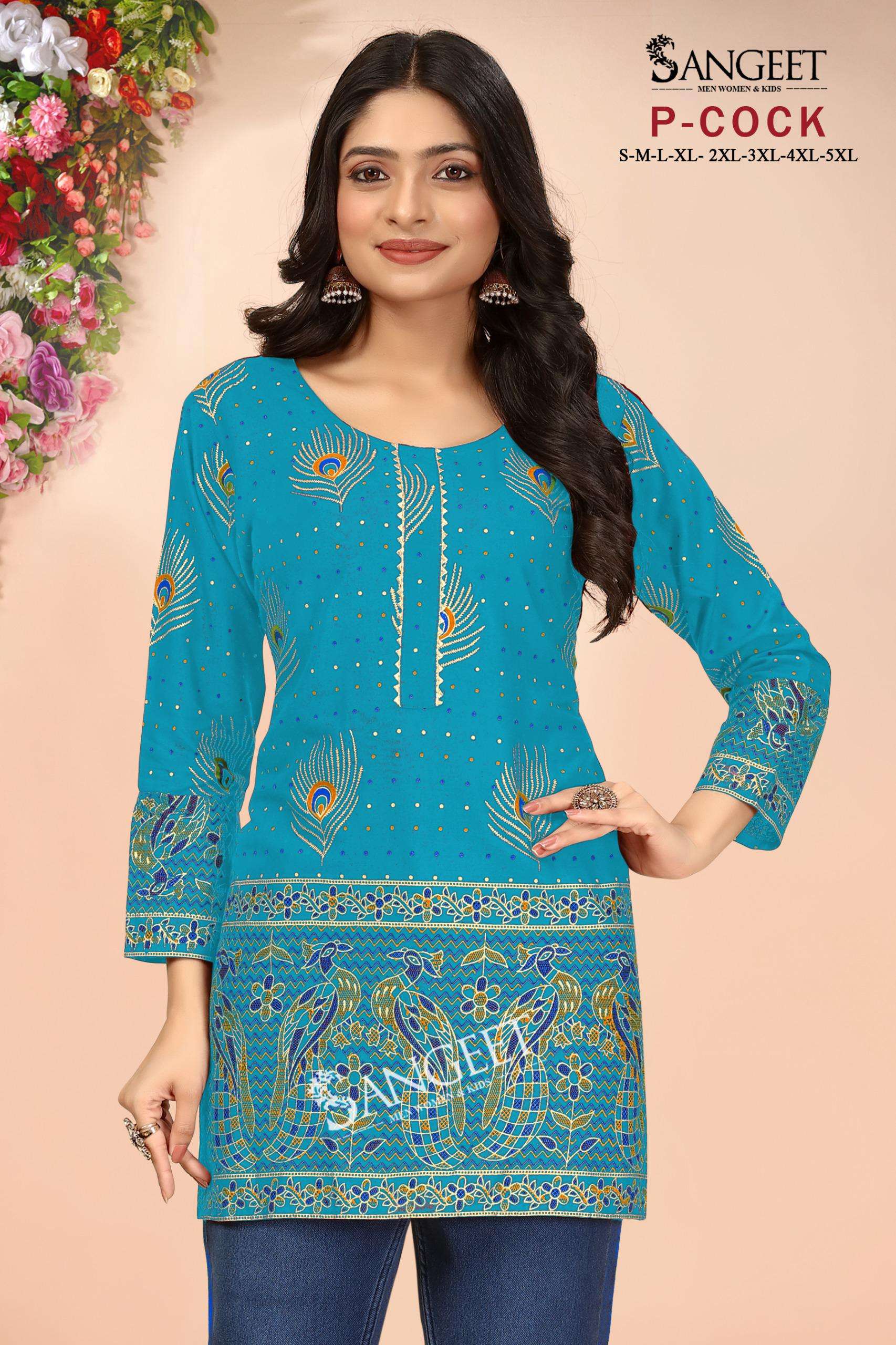 SANGEET P COCK RAYON FOIL PRINT FANCY SHORT KURTI