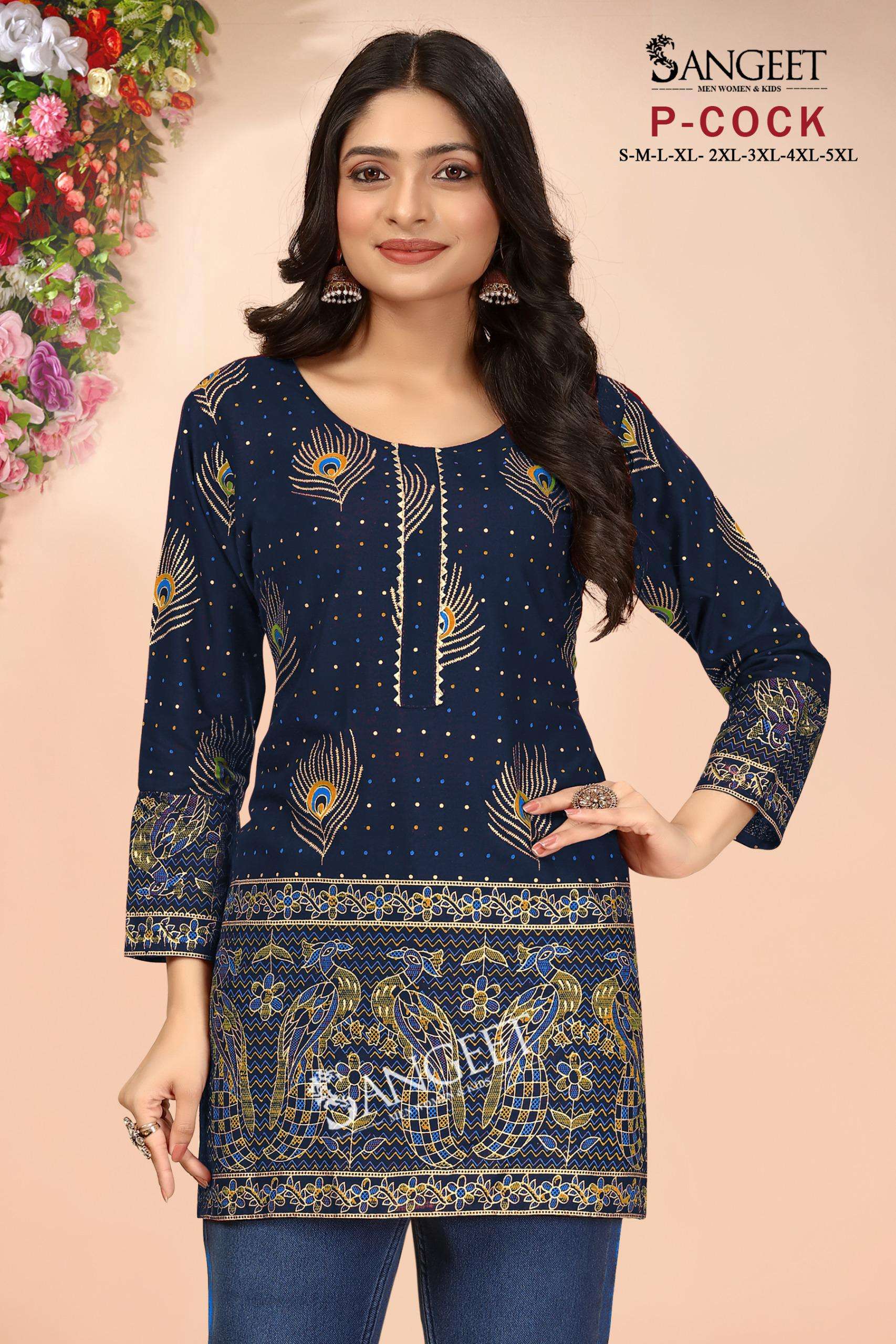 SANGEET P COCK RAYON FOIL PRINT FANCY SHORT KURTI