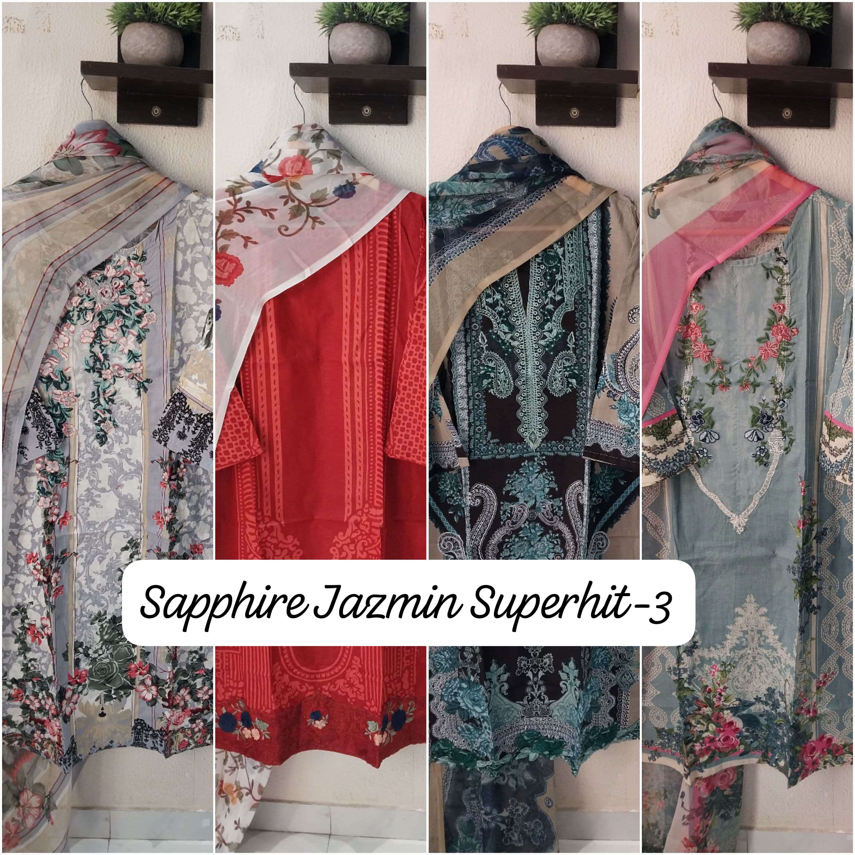SAPPHIRE JAZMIN SUPER HIT COLLECTION VOL 3 LAWN COTTON DESIGNER WORK SUIT