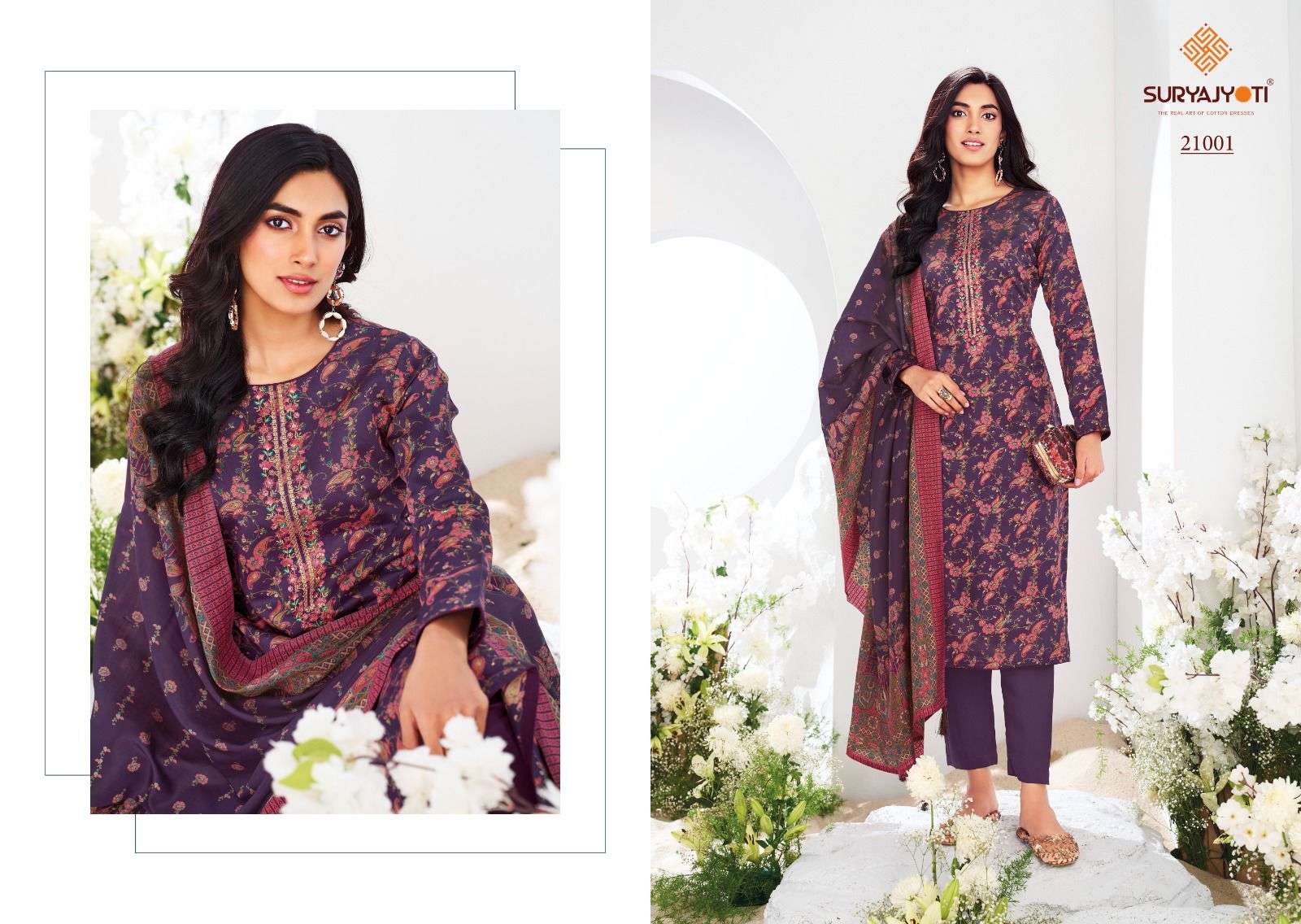 SURYAJYOTI KALKI VOL 21 JAM SATIN PRINT WITH FANCY WORK SUIT