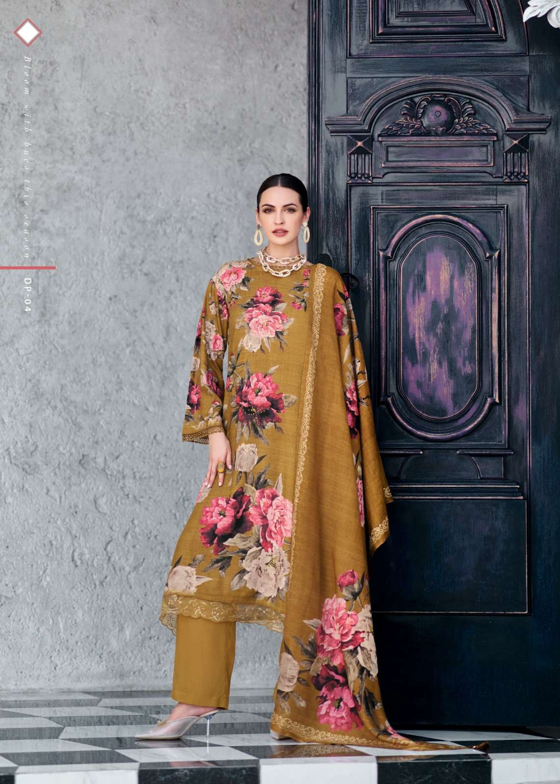 VARSHA DARK PETALS SATIN DIGITAL PRINT WITH DESIGNER WORK SUIT