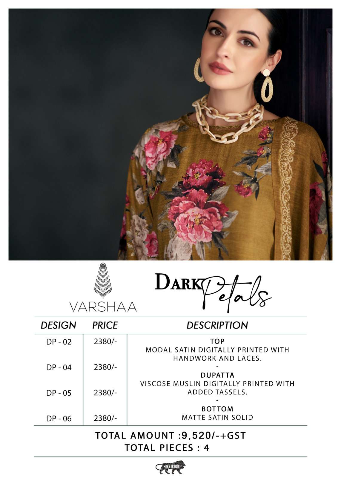 VARSHA DARK PETALS SATIN DIGITAL PRINT WITH DESIGNER WORK SUIT