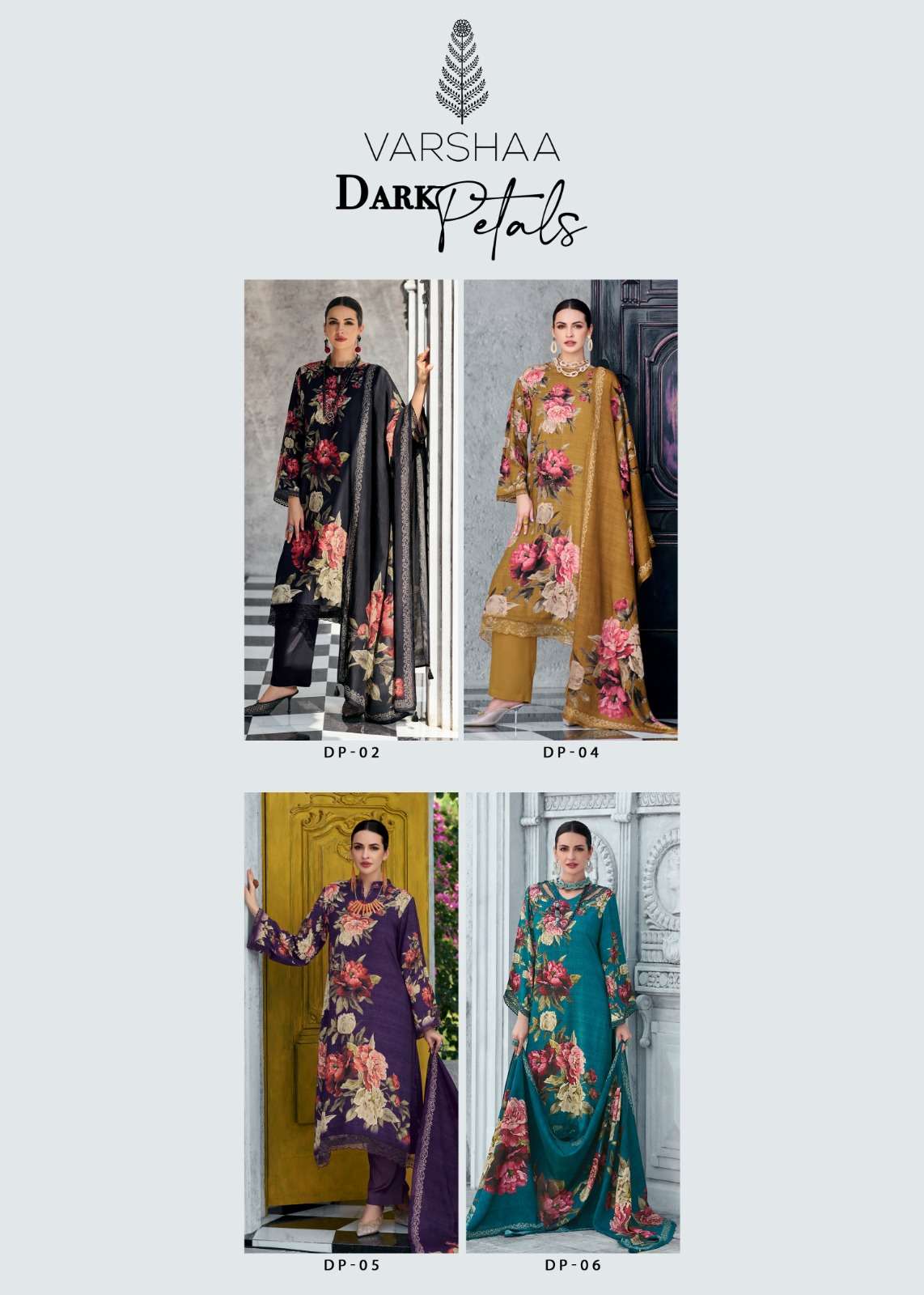 VARSHA DARK PETALS SATIN DIGITAL PRINT WITH DESIGNER WORK SUIT