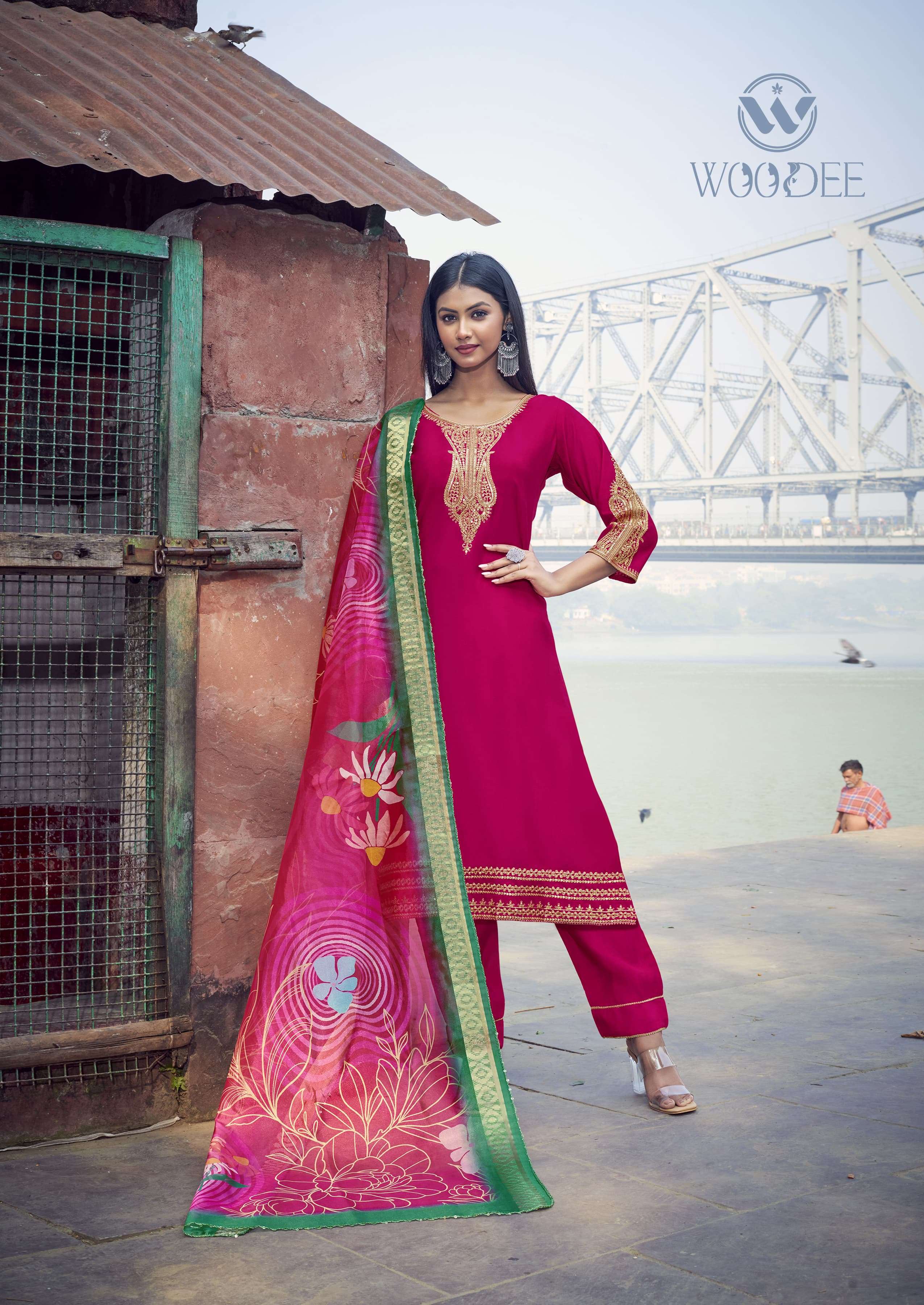 WOODEE VEDA VISCOSE FANCY WORKS KURTI COMBO SET 