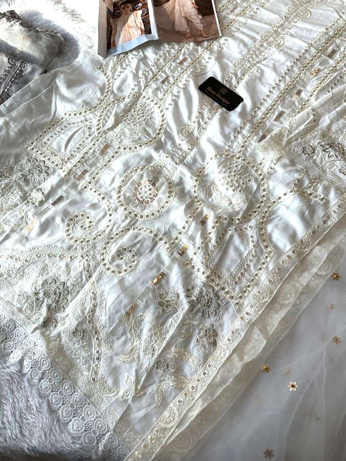 ZIAAZ DESIGNS CODE NO - 239 CAMBRIC COTTON EMBROIDERED SEQUENCE MOTI WORK SALWAR SUIT