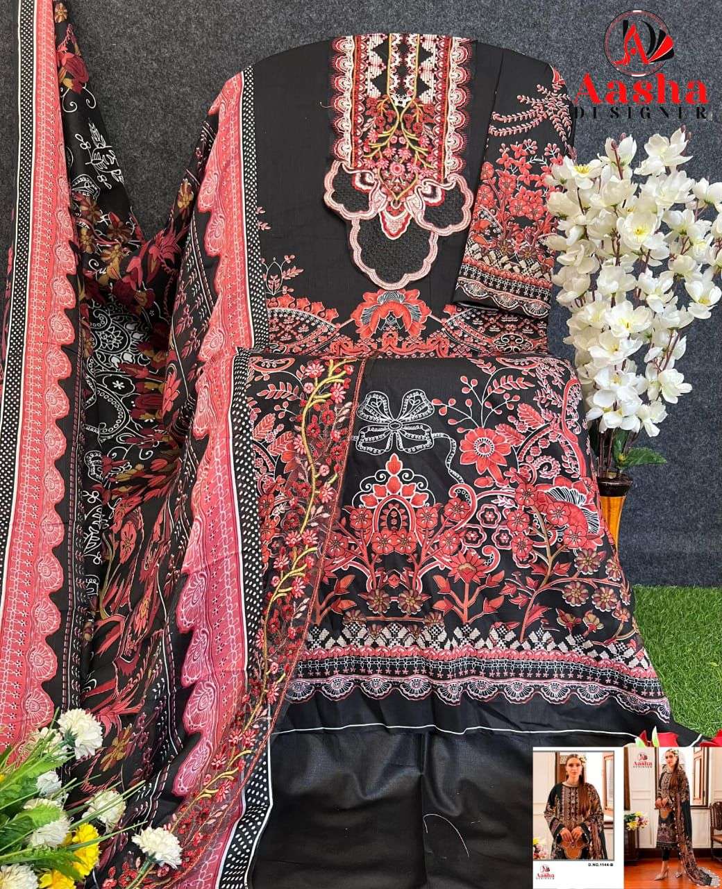 AASHA DESIGNER DESIGN NO - 1144 AB PURE COTTON PRINT EXCLUSIVE PATCH EMBROIDERED SALWAR SUIT