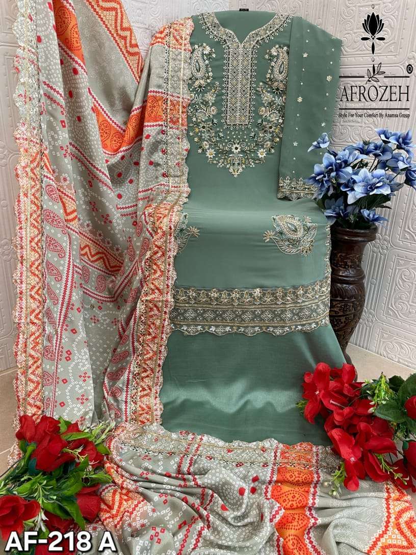 AFROZEH DESIGN NO - 218 ABCD FOX GEORGETTE HEAVY EMBROIDEREDE BEAUTIFUL DESIGN PARTY WEAR SUIT