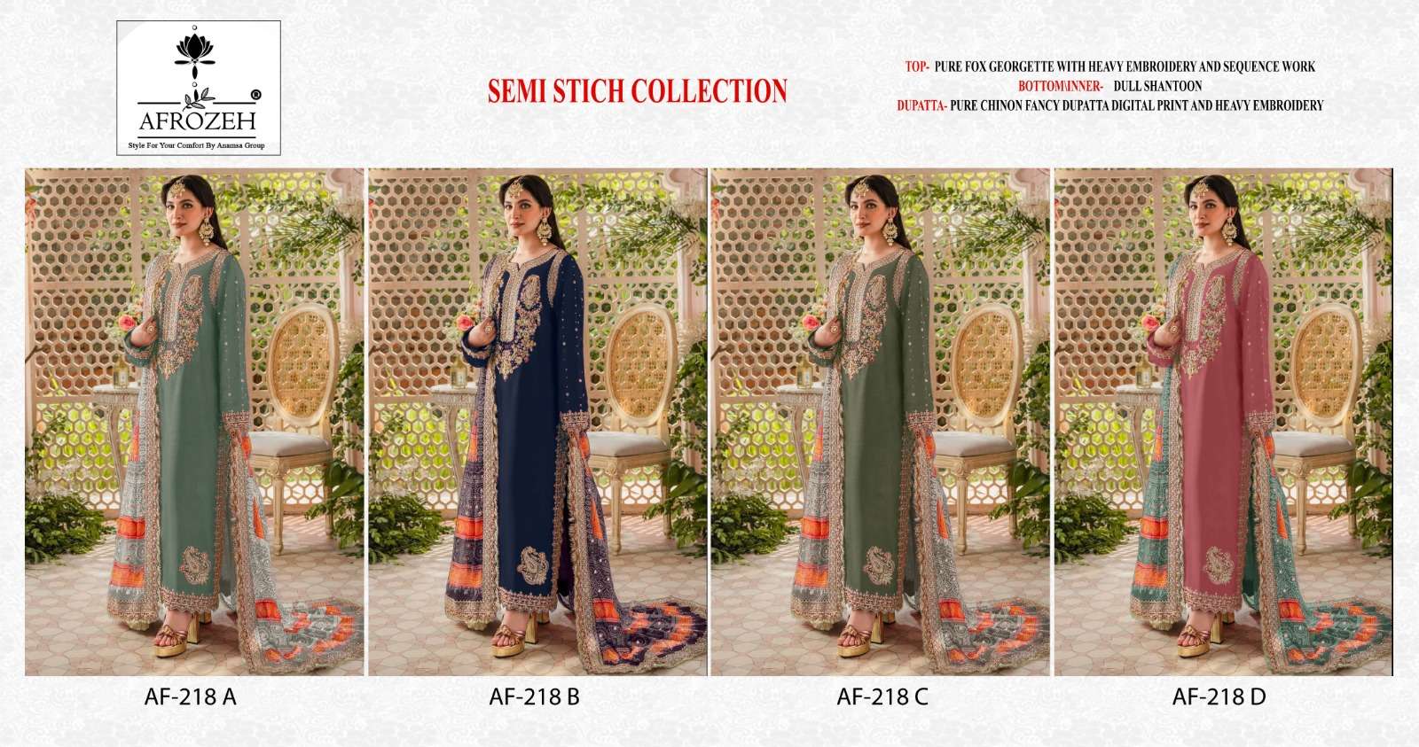 AFROZEH DESIGN NO - 218 ABCD FOX GEORGETTE HEAVY EMBROIDEREDE BEAUTIFUL DESIGN PARTY WEAR SUIT